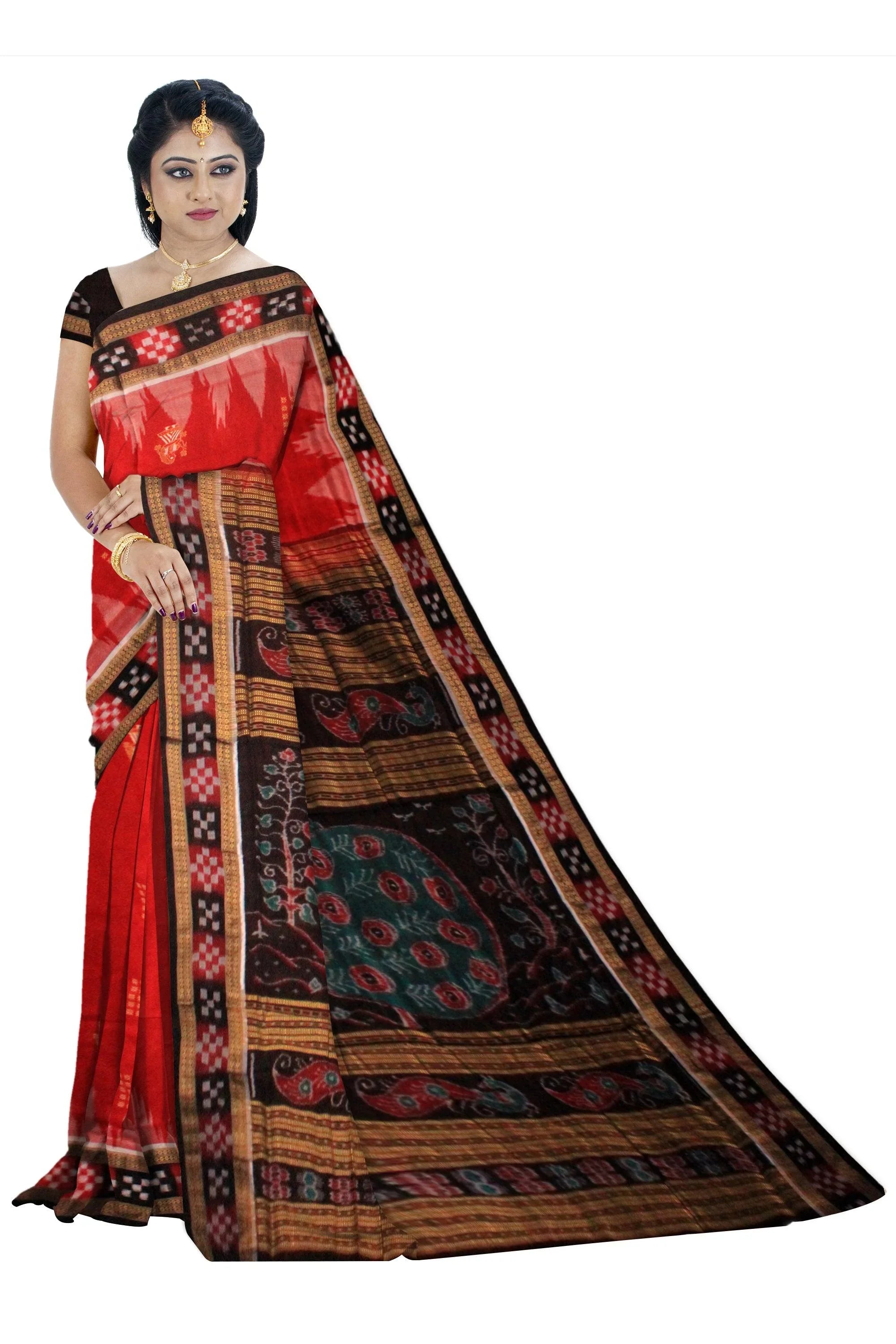 LATEST DESIGN DHADI SAPTA IN RED COLOR TRADITIONAL PASAPALI PATTERN SAMBALPURI COTTON SAREE - Koshali Arts & Crafts Enterprise