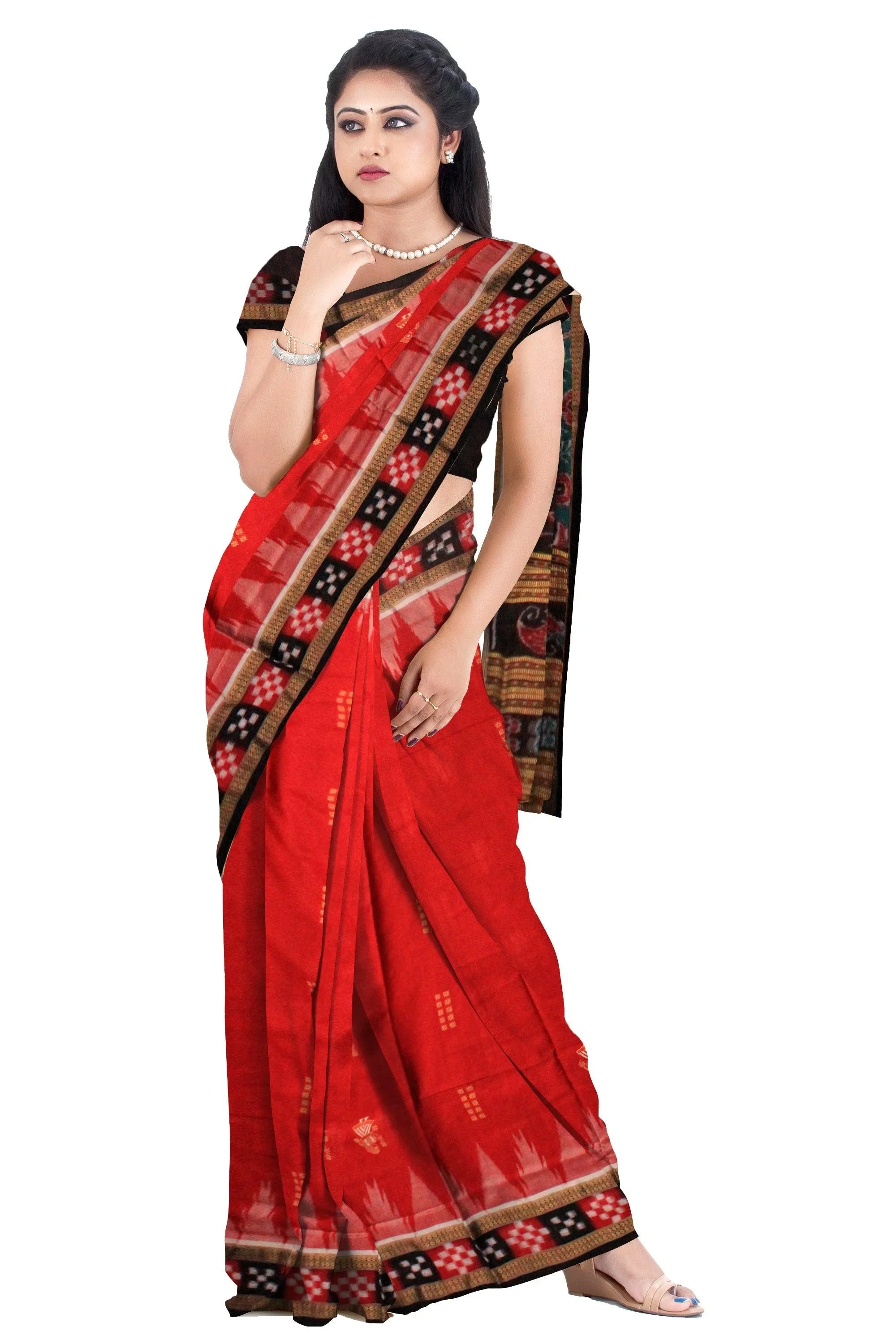 LATEST DESIGN DHADI SAPTA IN RED COLOR TRADITIONAL PASAPALI PATTERN SAMBALPURI COTTON SAREE - Koshali Arts & Crafts Enterprise