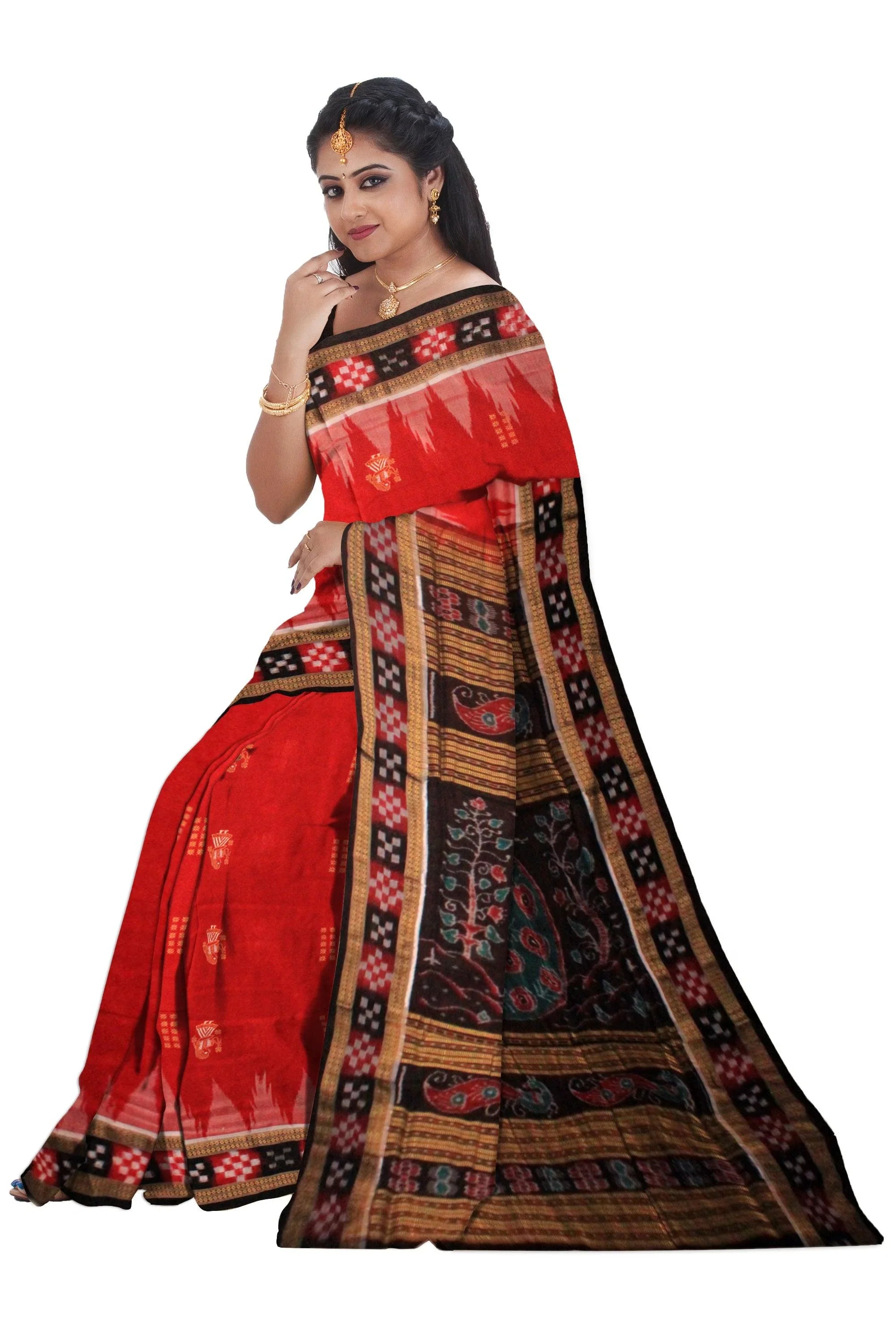 LATEST DESIGN DHADI SAPTA IN RED COLOR TRADITIONAL PASAPALI PATTERN SAMBALPURI COTTON SAREE - Koshali Arts & Crafts Enterprise