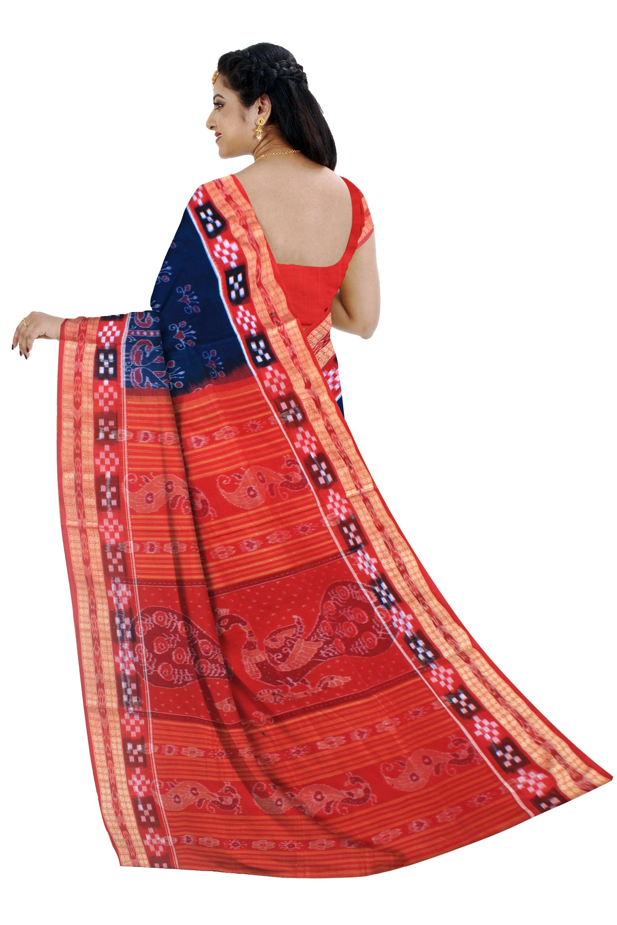 Mayuri print sambalpuri Pasapali saree in  ultramarine and red color, with blouse piece. - Koshali Arts & Crafts Enterprise