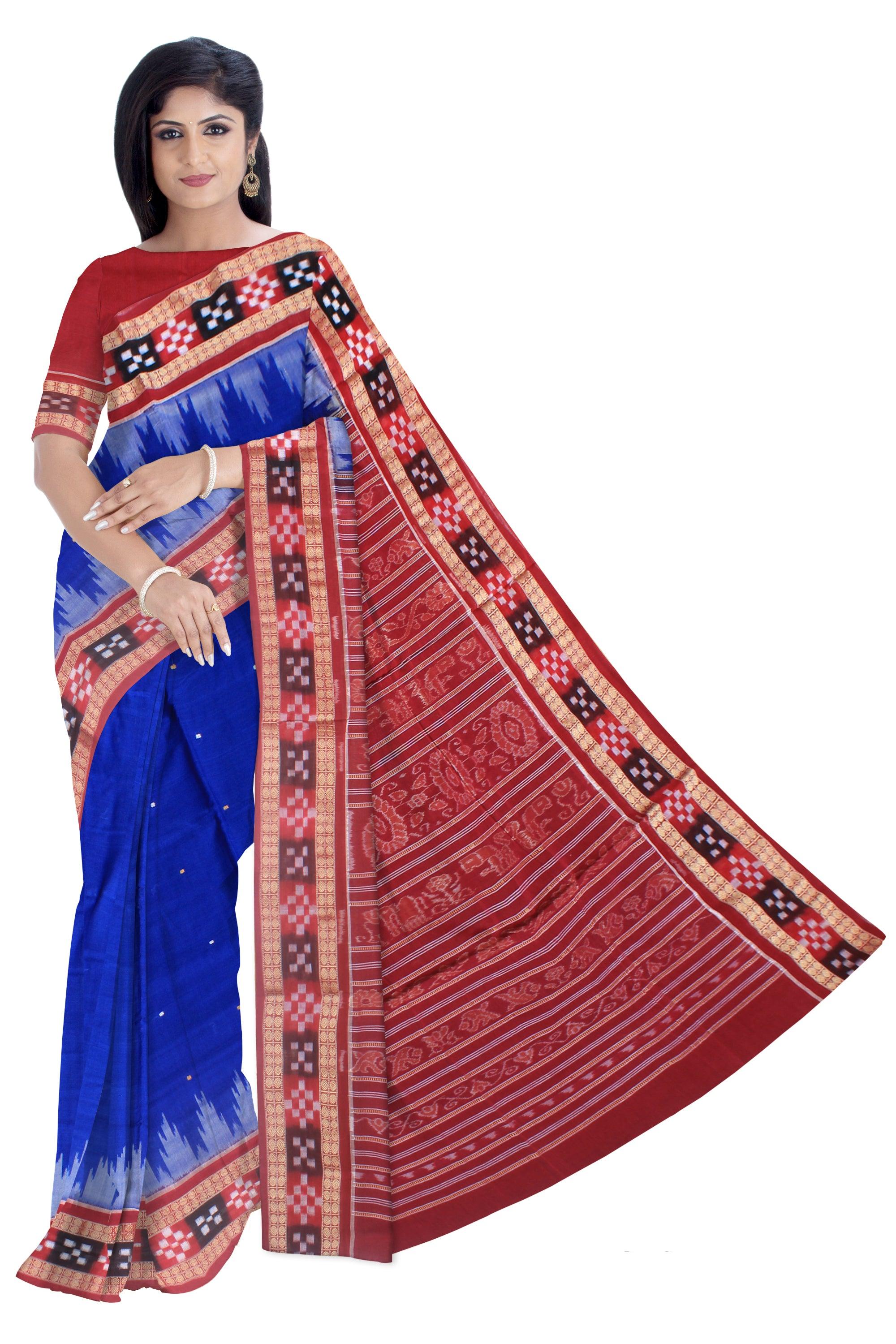 Dhadi sapta sambalpuri cotton saree in blue and maroon color , with blouse piece. - Koshali Arts & Crafts Enterprise