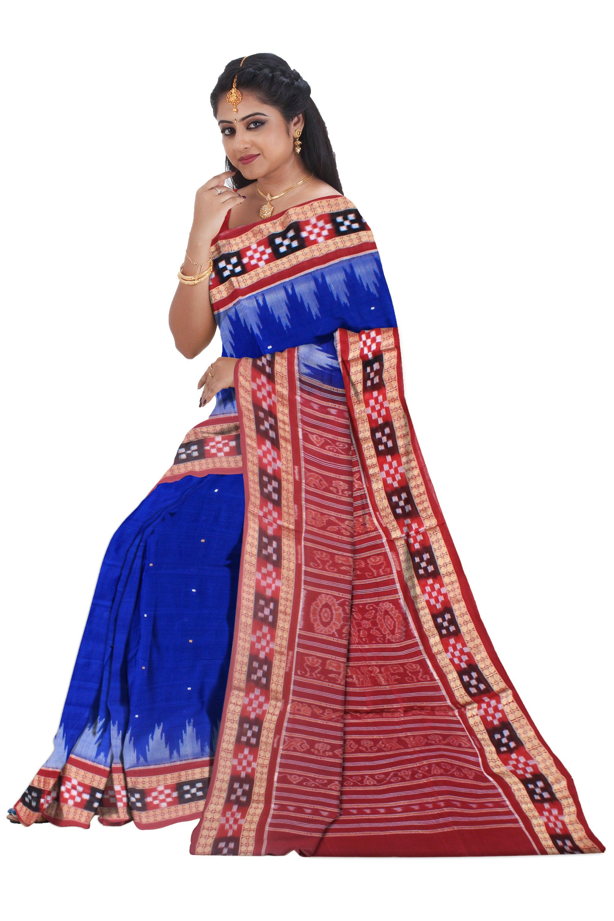 Dhadi sapta sambalpuri cotton saree in blue and maroon color , with blouse piece. - Koshali Arts & Crafts Enterprise