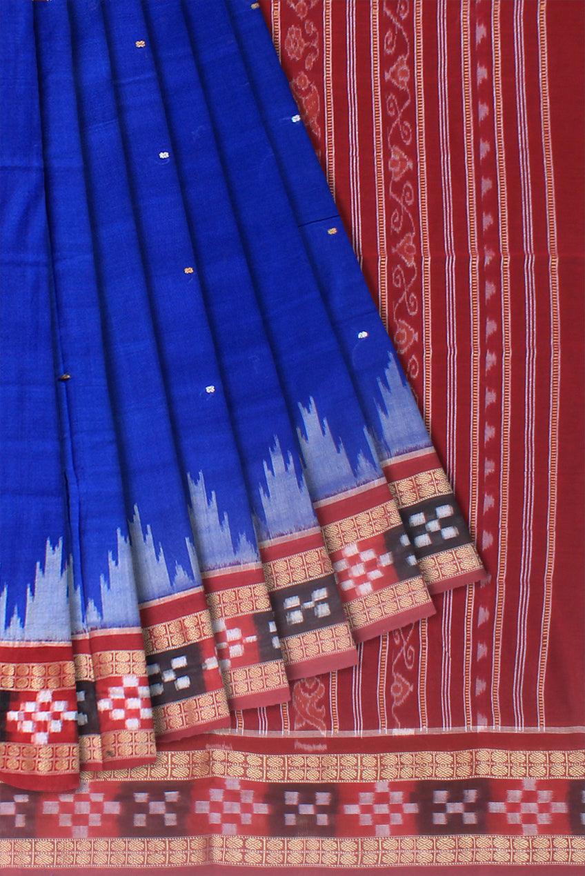 Dhadi sapta sambalpuri cotton saree in blue and maroon color , with blouse piece. - Koshali Arts & Crafts Enterprise