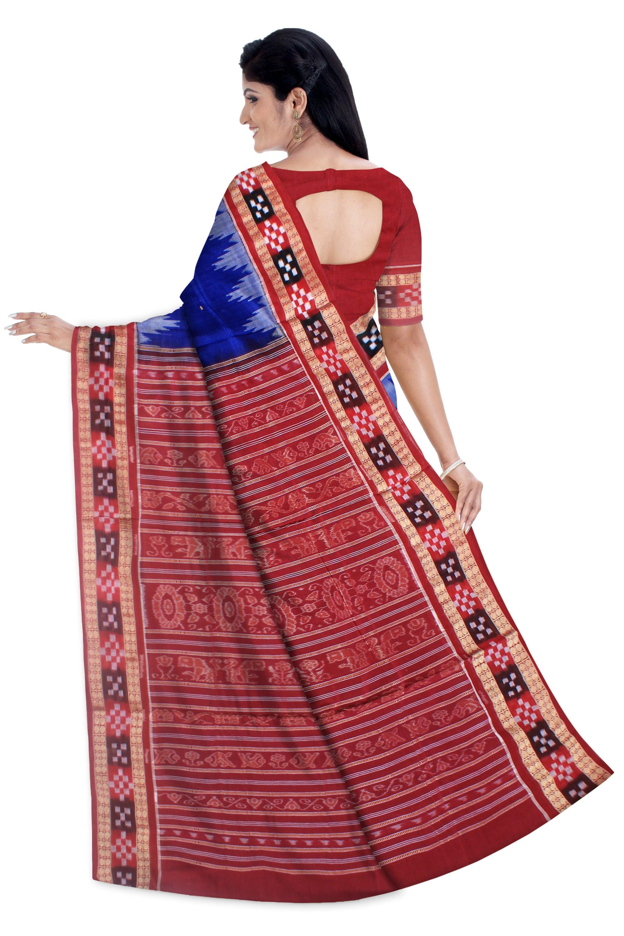 Dhadi sapta sambalpuri cotton saree in blue and maroon color , with blouse piece. - Koshali Arts & Crafts Enterprise