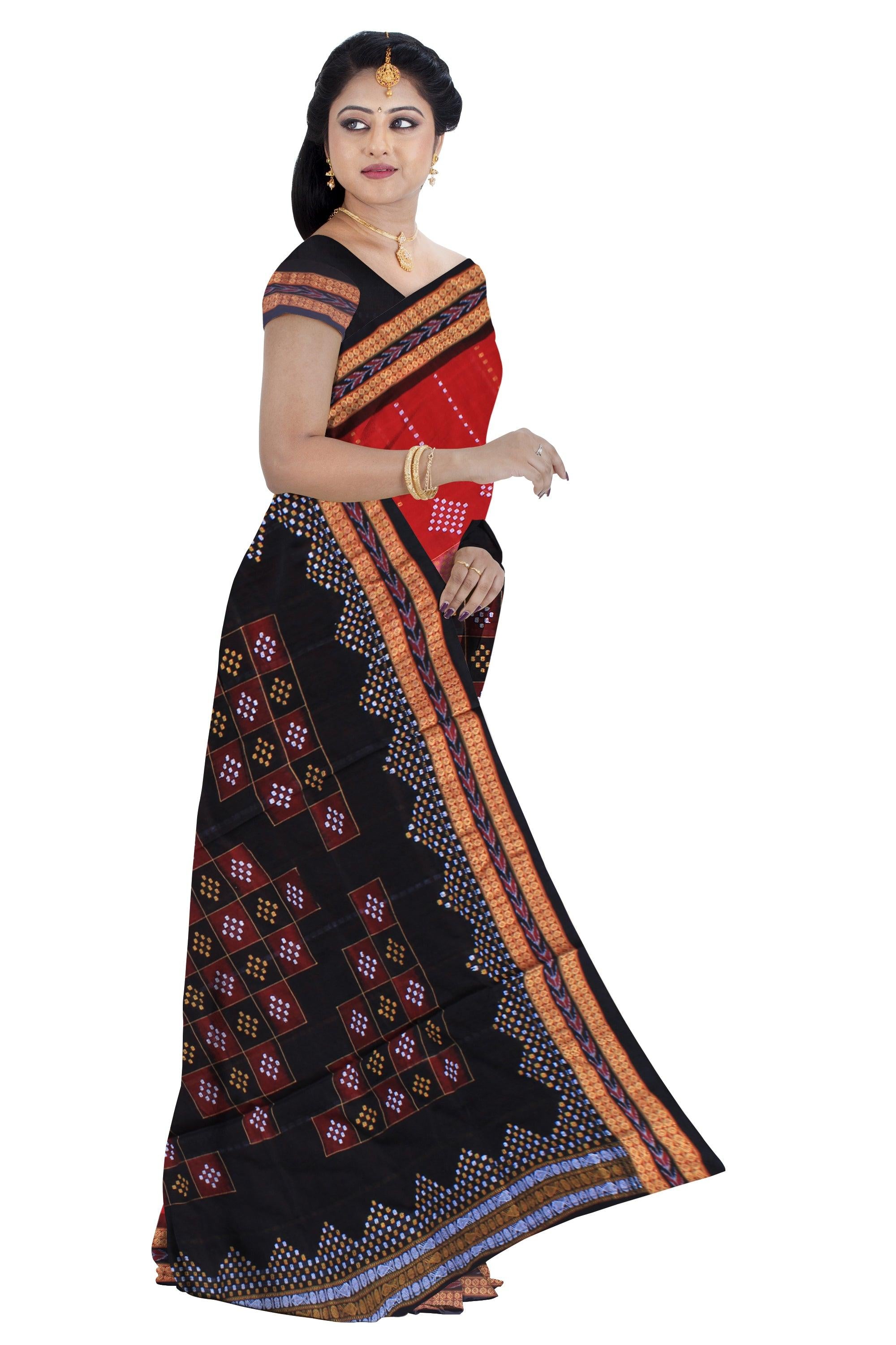 Sambalpuri cotton saree in red , black and white color base, with blouse piece. - Koshali Arts & Crafts Enterprise