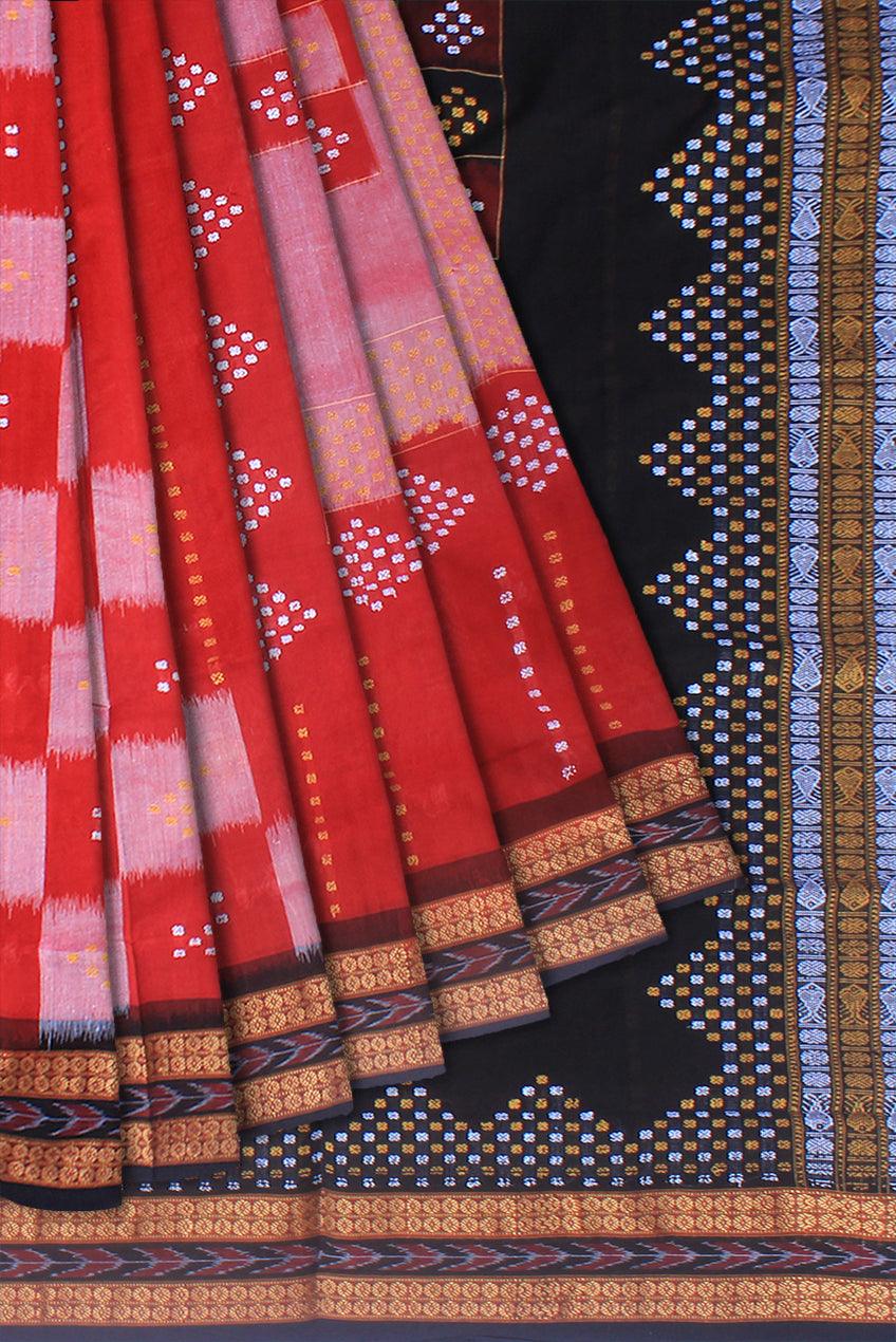 Sambalpuri cotton saree in red , black and white color base, with blouse piece. - Koshali Arts & Crafts Enterprise