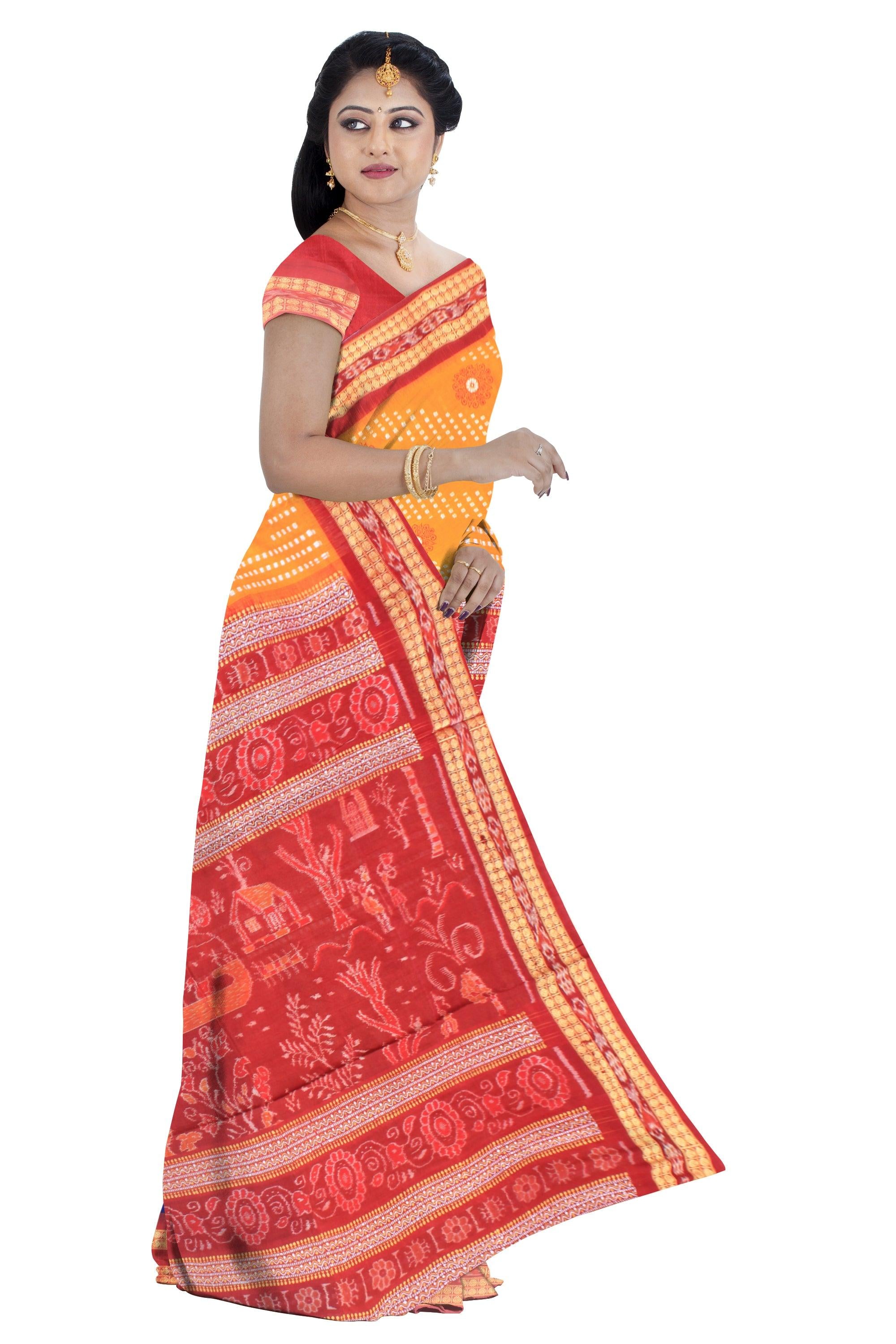 Blue , yellow and maroon color sambalpuri cotton saree  with blouse piece. - Koshali Arts & Crafts Enterprise