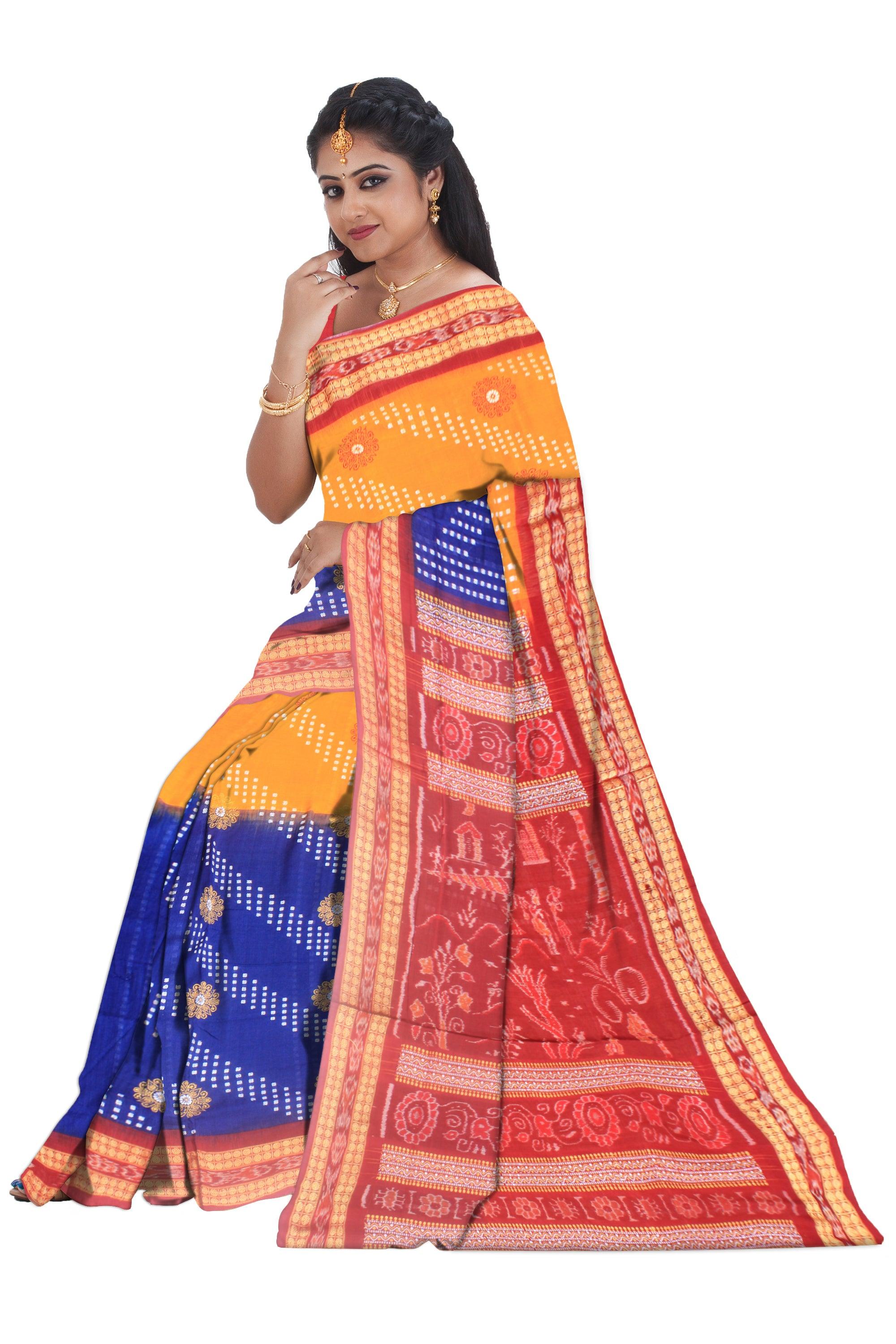 Blue , yellow and maroon color sambalpuri cotton saree  with blouse piece. - Koshali Arts & Crafts Enterprise