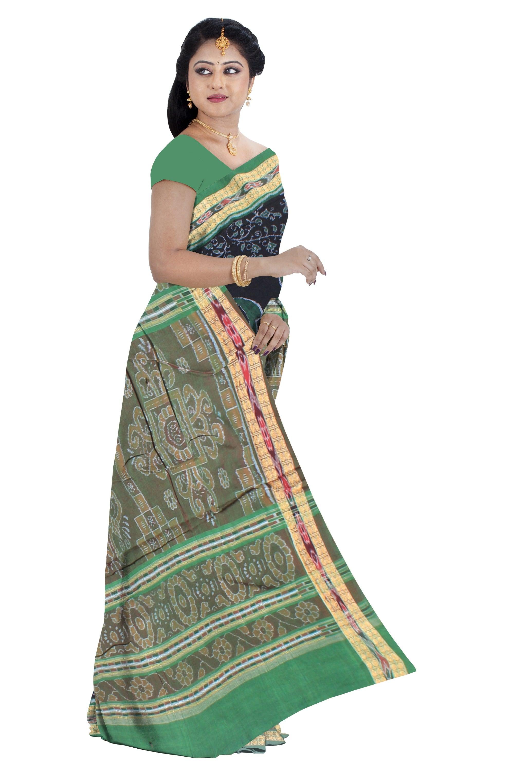 Mayuri design of handloom cotton saree in light green and black color  base , with  out blouse piece. - Koshali Arts & Crafts Enterprise