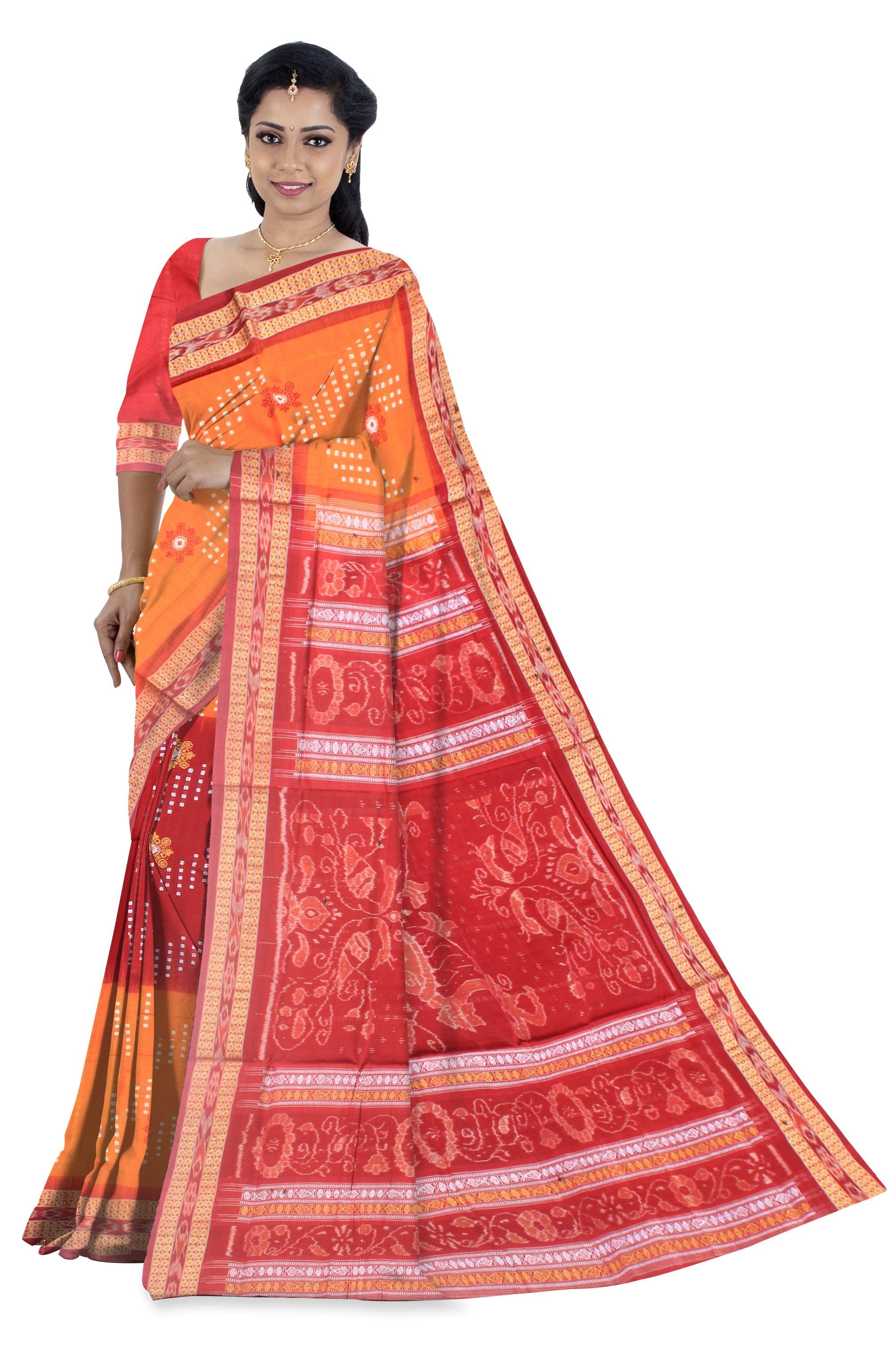 Yellow and maroon color sambalpuri cotton saree  with blouse piece. - Koshali Arts & Crafts Enterprise