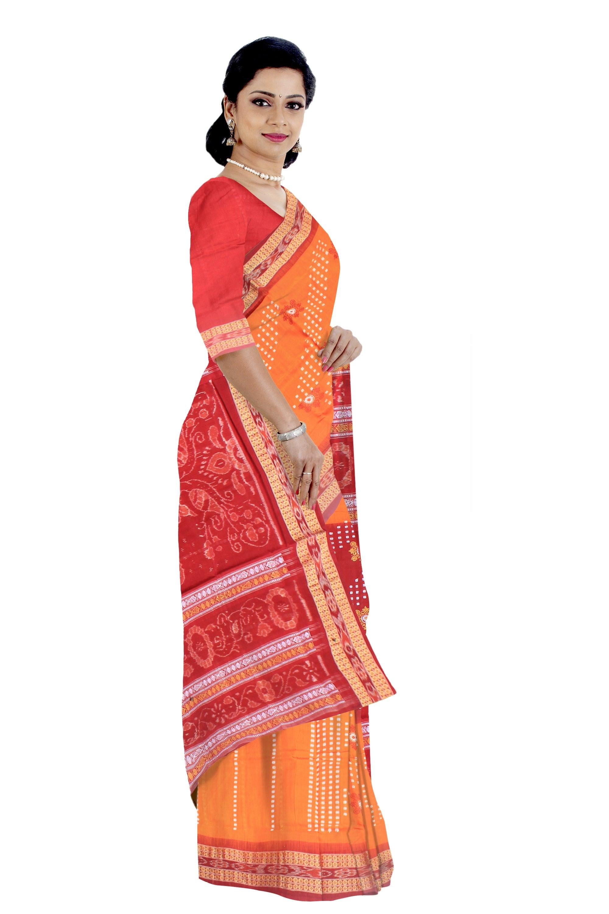 Yellow and maroon color sambalpuri cotton saree  with blouse piece. - Koshali Arts & Crafts Enterprise