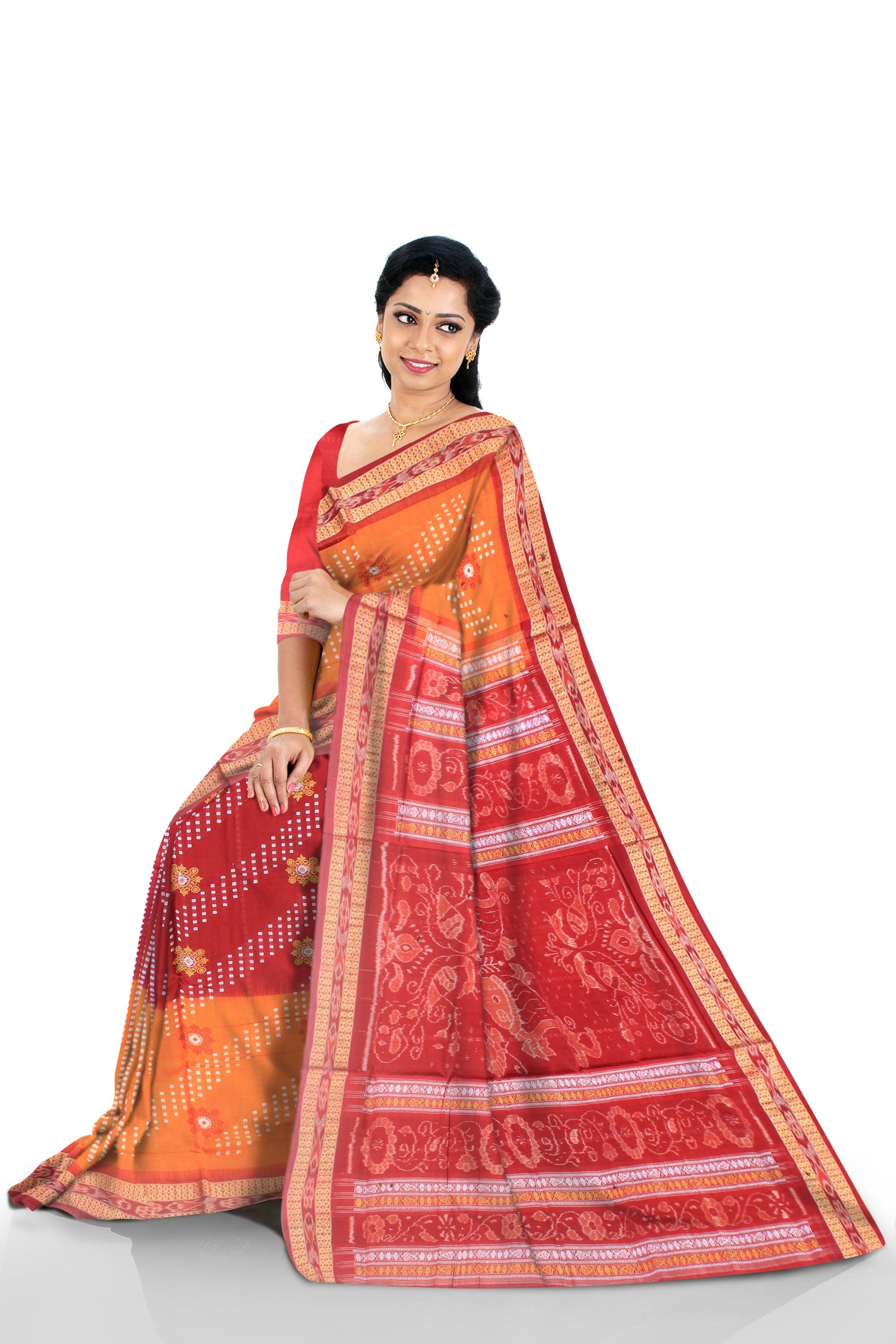 Yellow and maroon color sambalpuri cotton saree  with blouse piece. - Koshali Arts & Crafts Enterprise