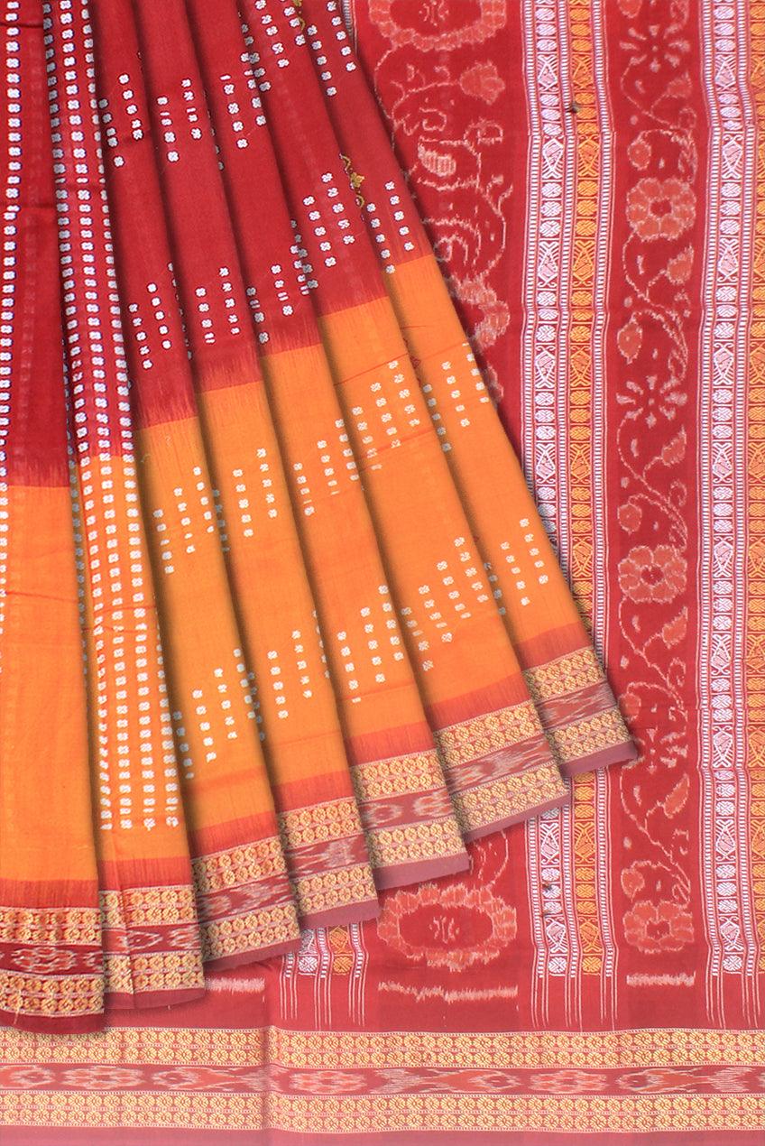 Yellow and maroon color sambalpuri cotton saree  with blouse piece. - Koshali Arts & Crafts Enterprise