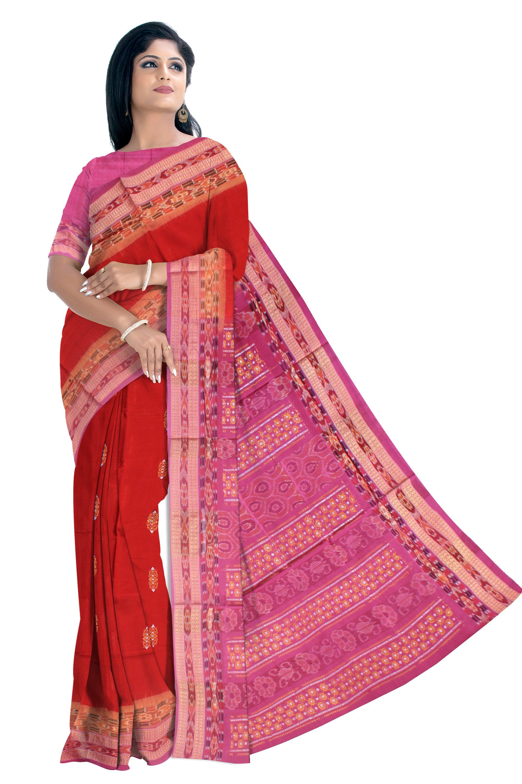 Sambalpuri bandha cotton saree in red and rosy pink color base, with blouse piece. - Koshali Arts & Crafts Enterprise