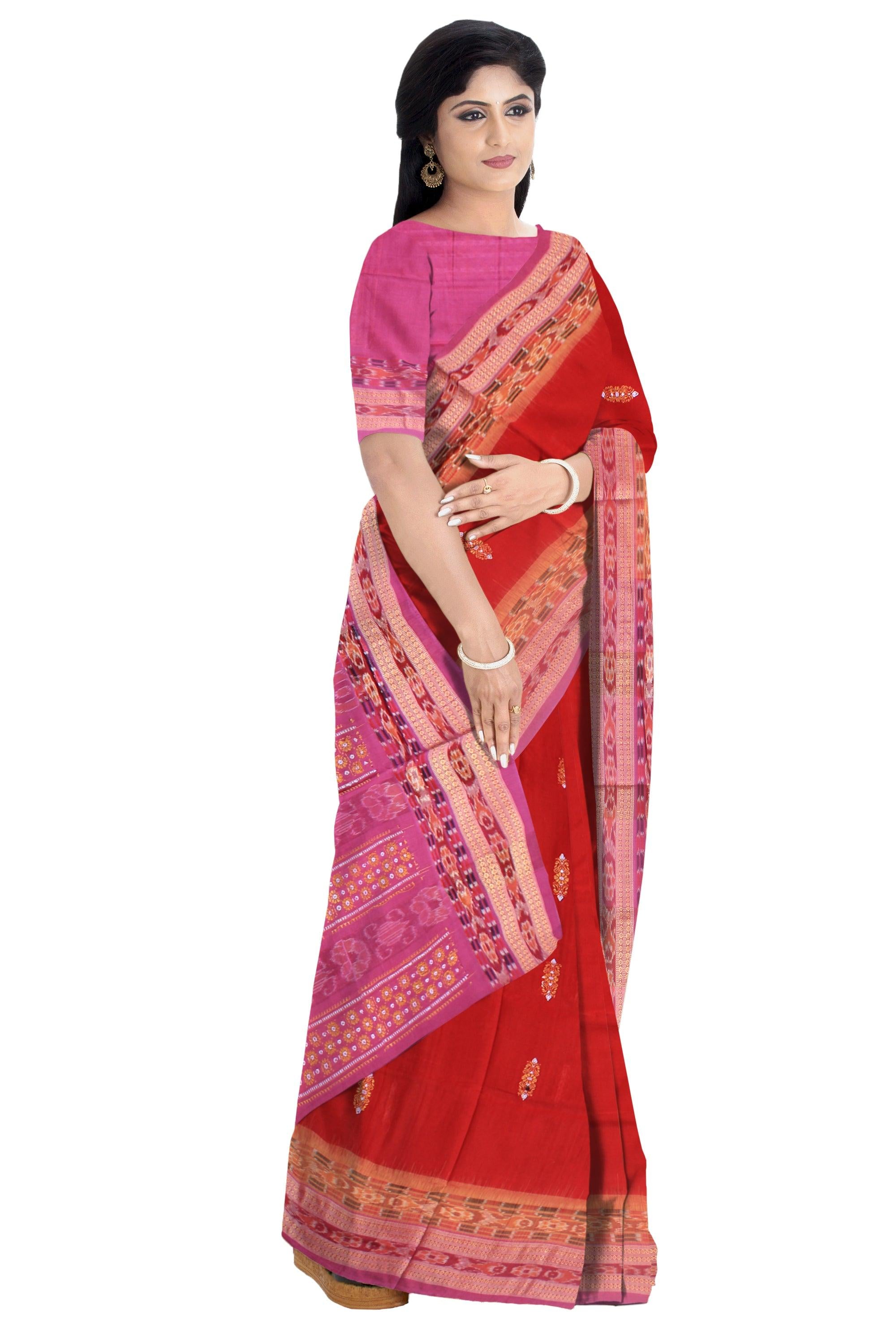 Sambalpuri bandha cotton saree in red and rosy pink color base, with blouse piece. - Koshali Arts & Crafts Enterprise