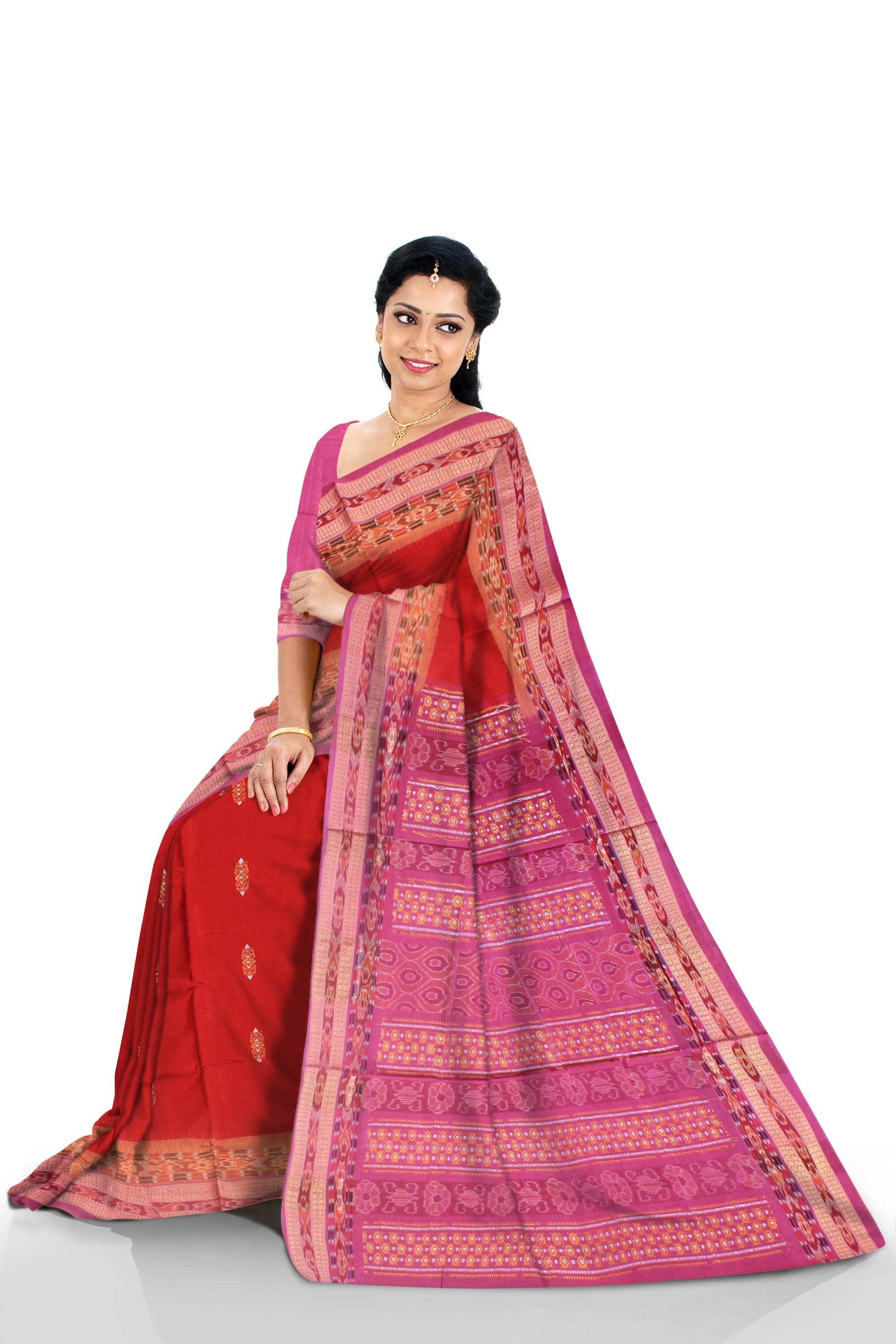 Sambalpuri bandha cotton saree in red and rosy pink color base, with blouse piece. - Koshali Arts & Crafts Enterprise