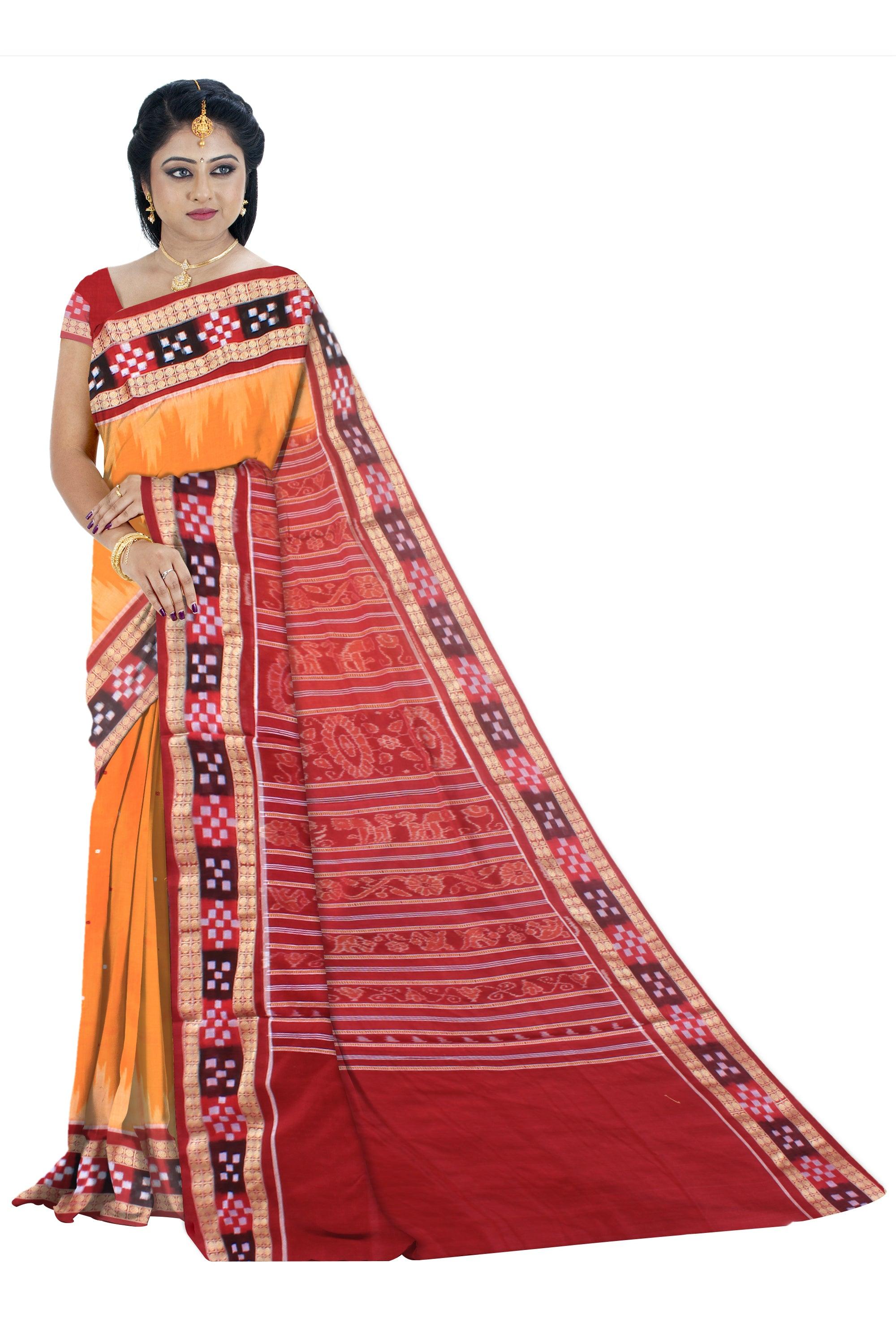 Authentic sambalpuri cotton saree in yellow and maroon color , border is sapta pattern, with blouse piece. - Koshali Arts & Crafts Enterprise