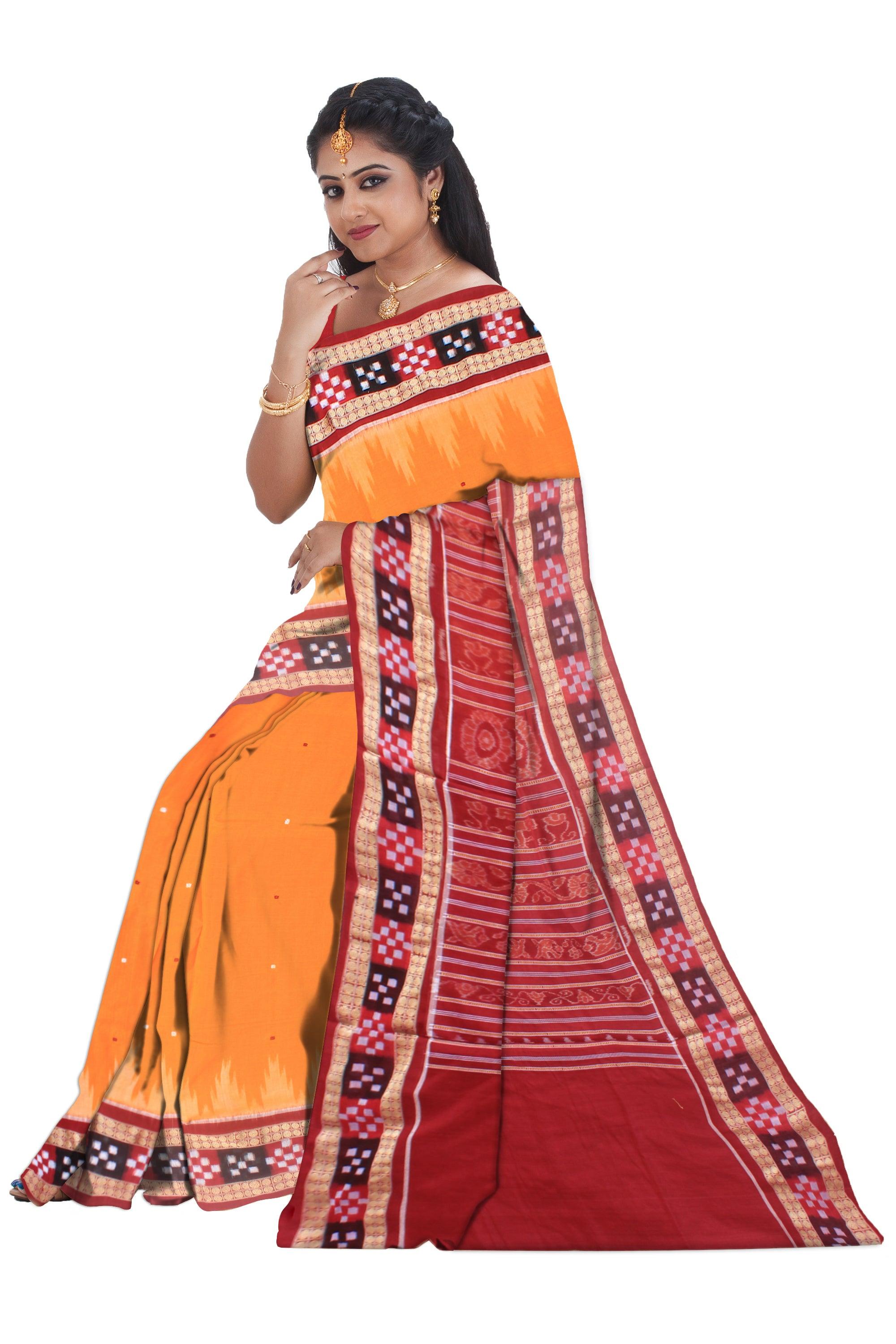 Authentic sambalpuri cotton saree in yellow and maroon color , border is sapta pattern, with blouse piece. - Koshali Arts & Crafts Enterprise