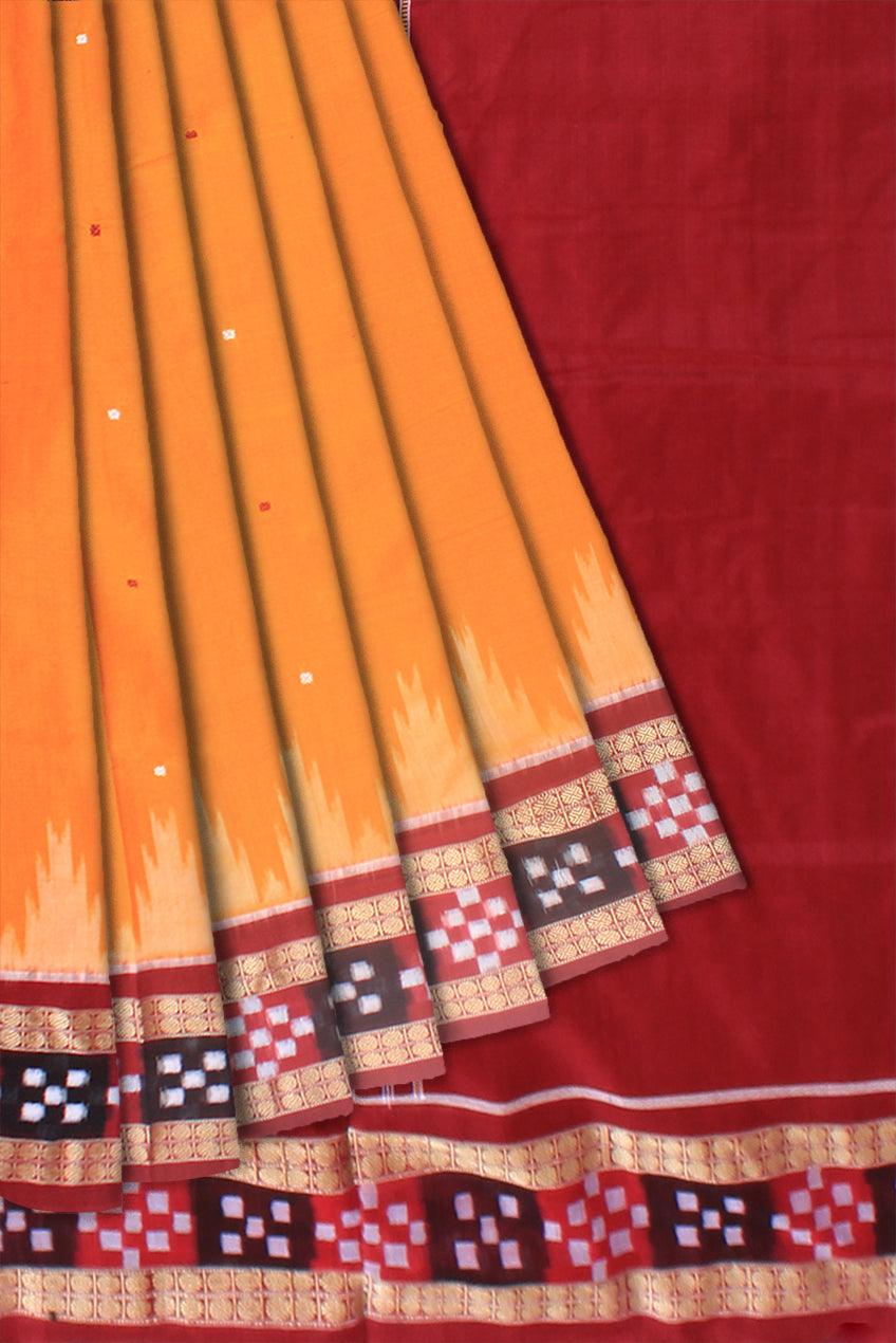 Authentic sambalpuri cotton saree in yellow and maroon color , border is sapta pattern, with blouse piece. - Koshali Arts & Crafts Enterprise