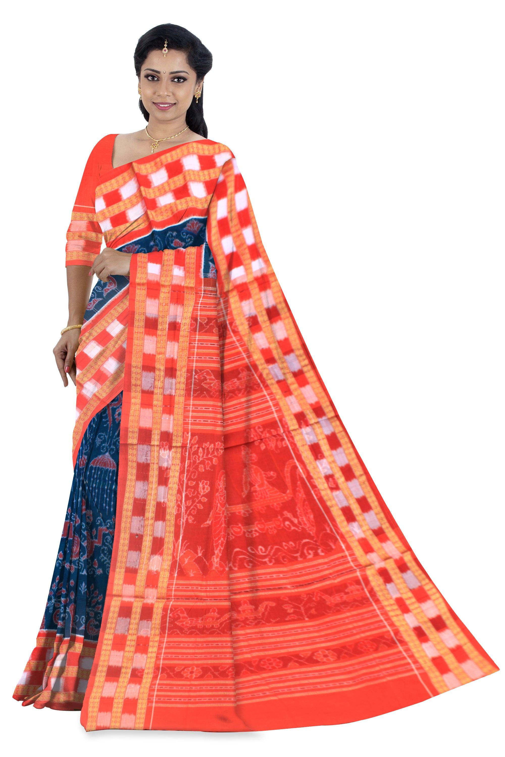 SAMBALPURI FLORA DESIGN PURE COTTON SAREE IN ULTRAMARINE AND ORANGE COLOUR WITH PASAPALI BORDER, WITH BLOUSE PIECE. - Koshali Arts & Crafts Enterprise