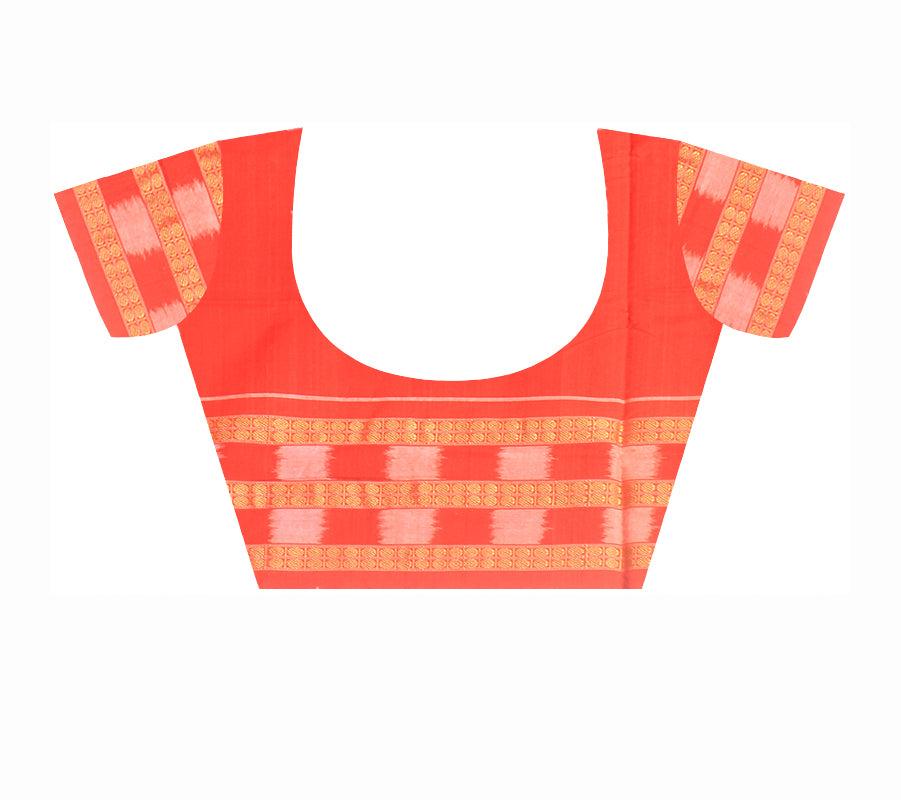 SAMBALPURI FLORA DESIGN PURE COTTON SAREE IN ULTRAMARINE AND ORANGE COLOUR WITH PASAPALI BORDER, WITH BLOUSE PIECE. - Koshali Arts & Crafts Enterprise