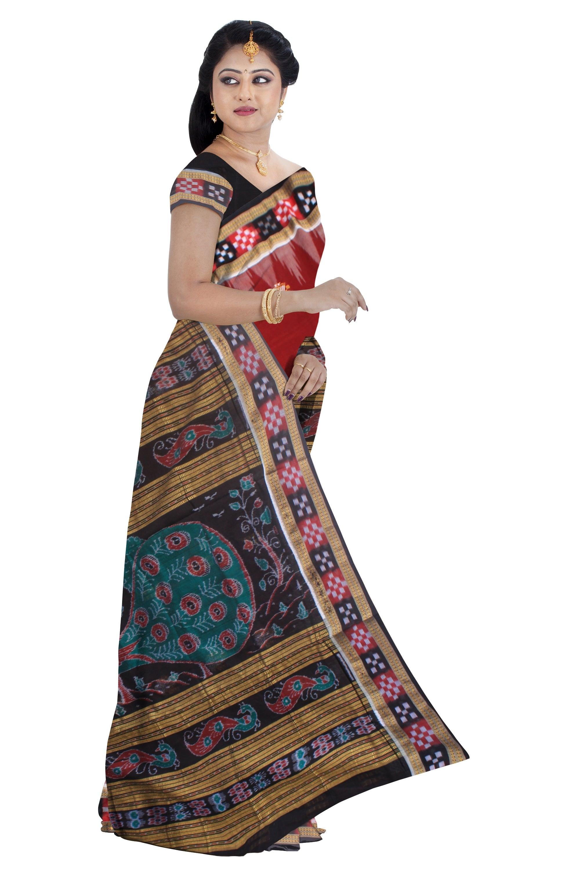 Latest Design of pasapali sambalpuri cotton saree in maroon and black color,with blouse piece. - Koshali Arts & Crafts Enterprise