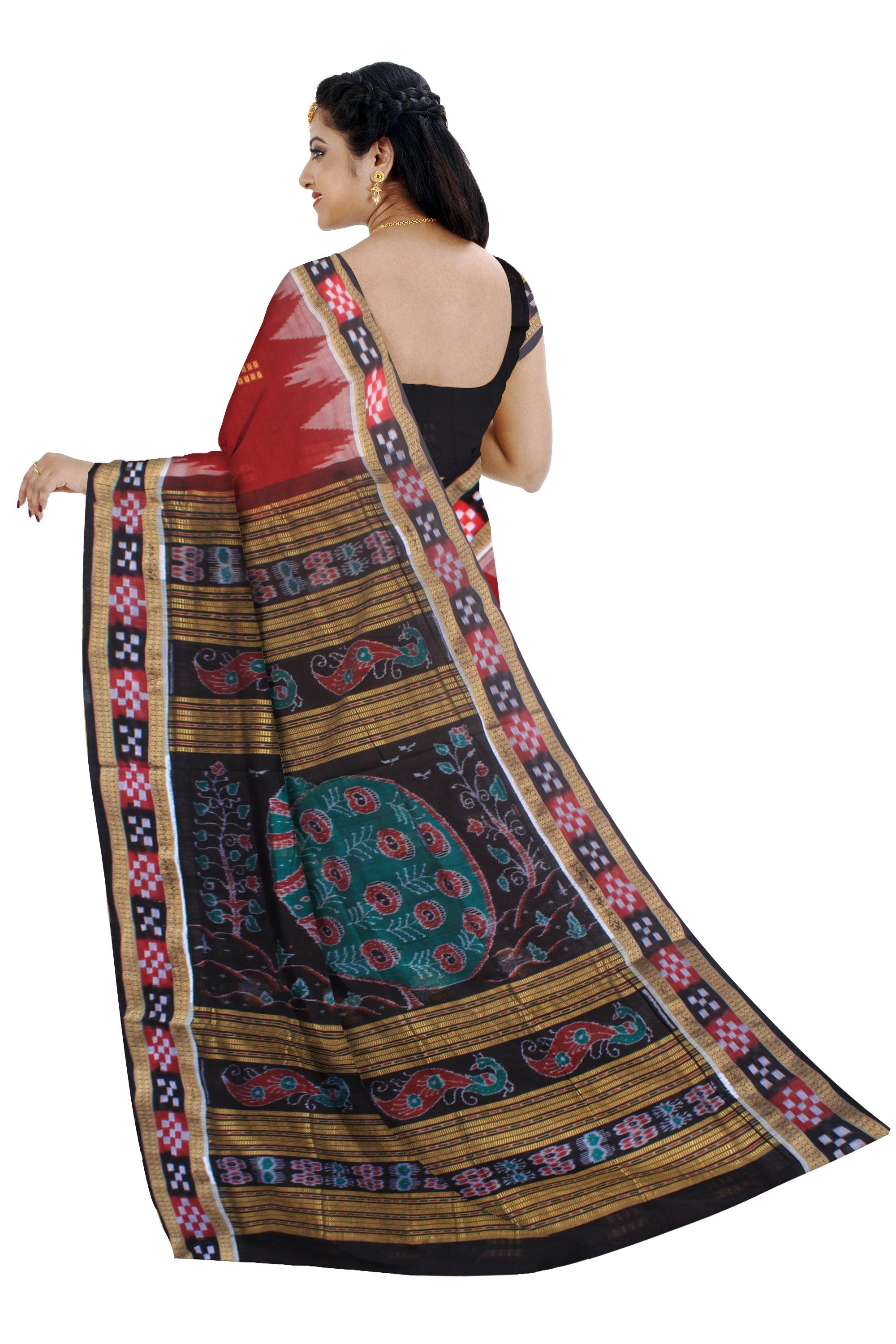 Latest Design of pasapali sambalpuri cotton saree in maroon and black color,with blouse piece. - Koshali Arts & Crafts Enterprise