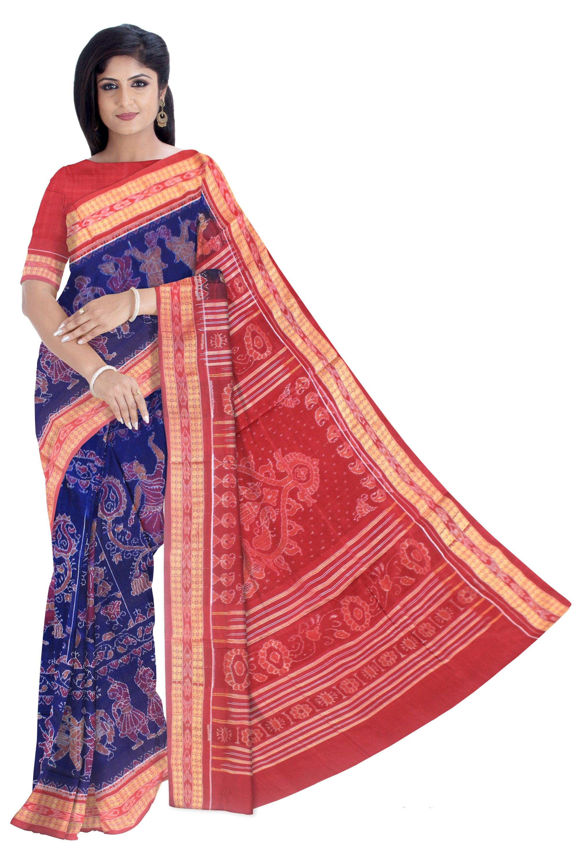 Nartaki design sambalpuri cotton saree in blue and maroon  color , with blouse piece. - Koshali Arts & Crafts Enterprise