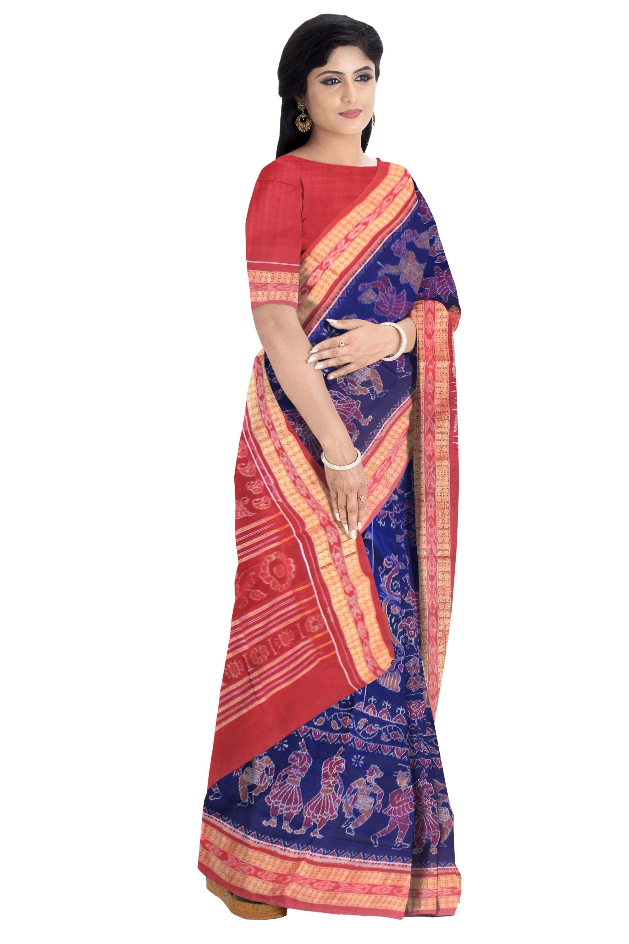 Nartaki design sambalpuri cotton saree in blue and maroon  color , with blouse piece. - Koshali Arts & Crafts Enterprise