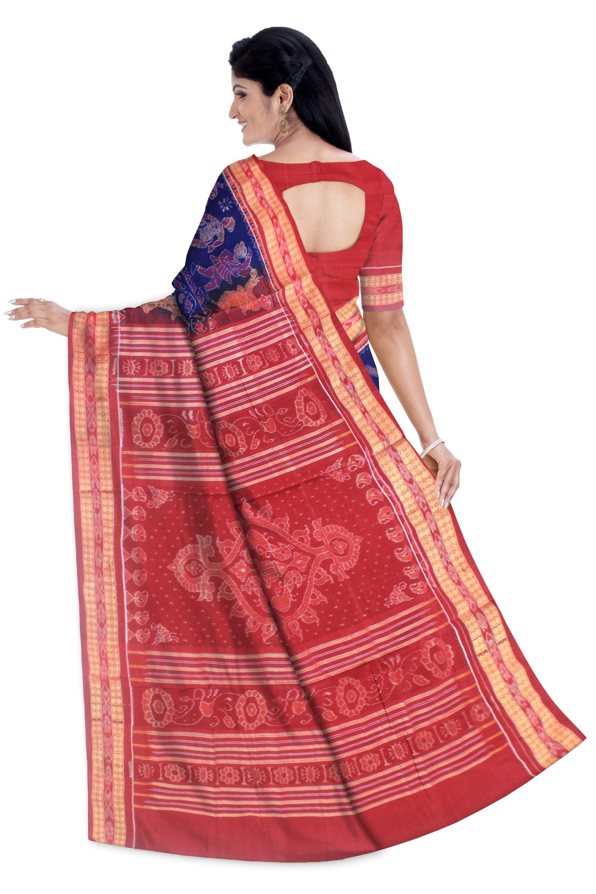 Nartaki design sambalpuri cotton saree in blue and maroon  color , with blouse piece. - Koshali Arts & Crafts Enterprise