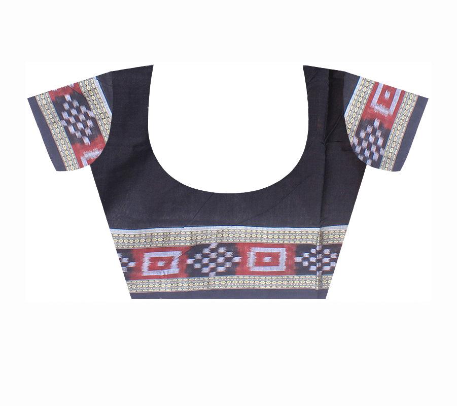 Small booty and sapta design of sambalpuri cotton saree in  maroon and black color, with blouse piece. - Koshali Arts & Crafts Enterprise