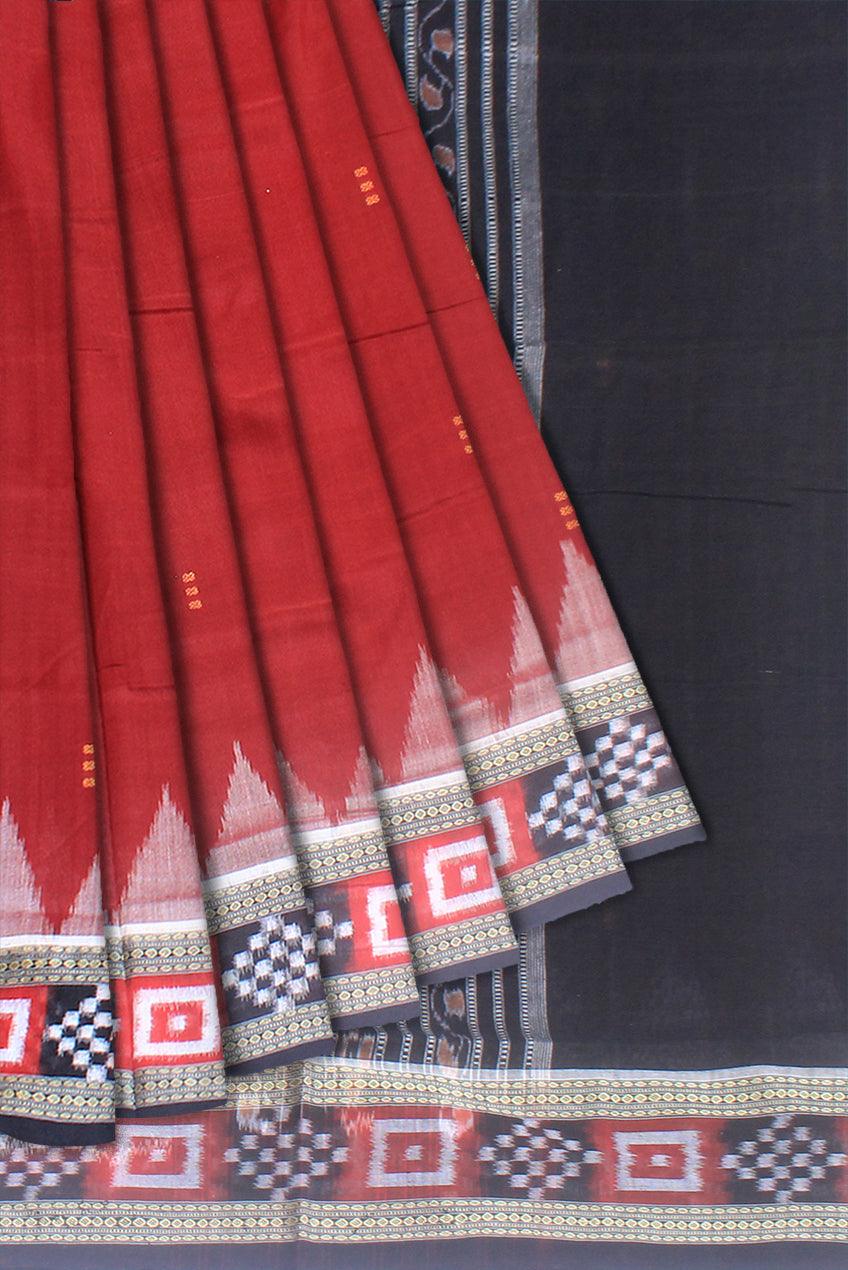 Small booty and sapta design of sambalpuri cotton saree in  maroon and black color, with blouse piece. - Koshali Arts & Crafts Enterprise
