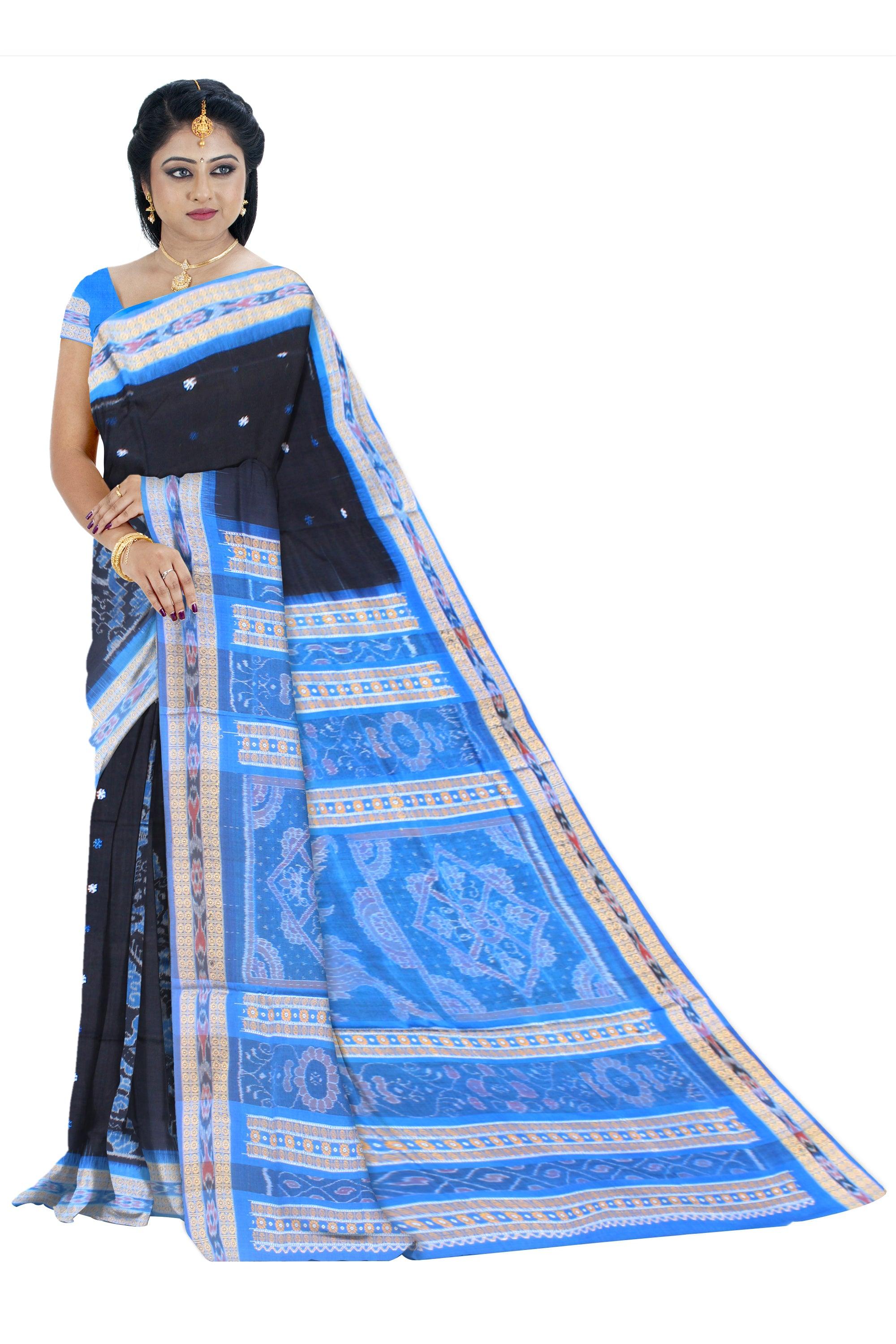 Black and sky color base sambalpuri pure cotton saree with blouse piece. - Koshali Arts & Crafts Enterprise