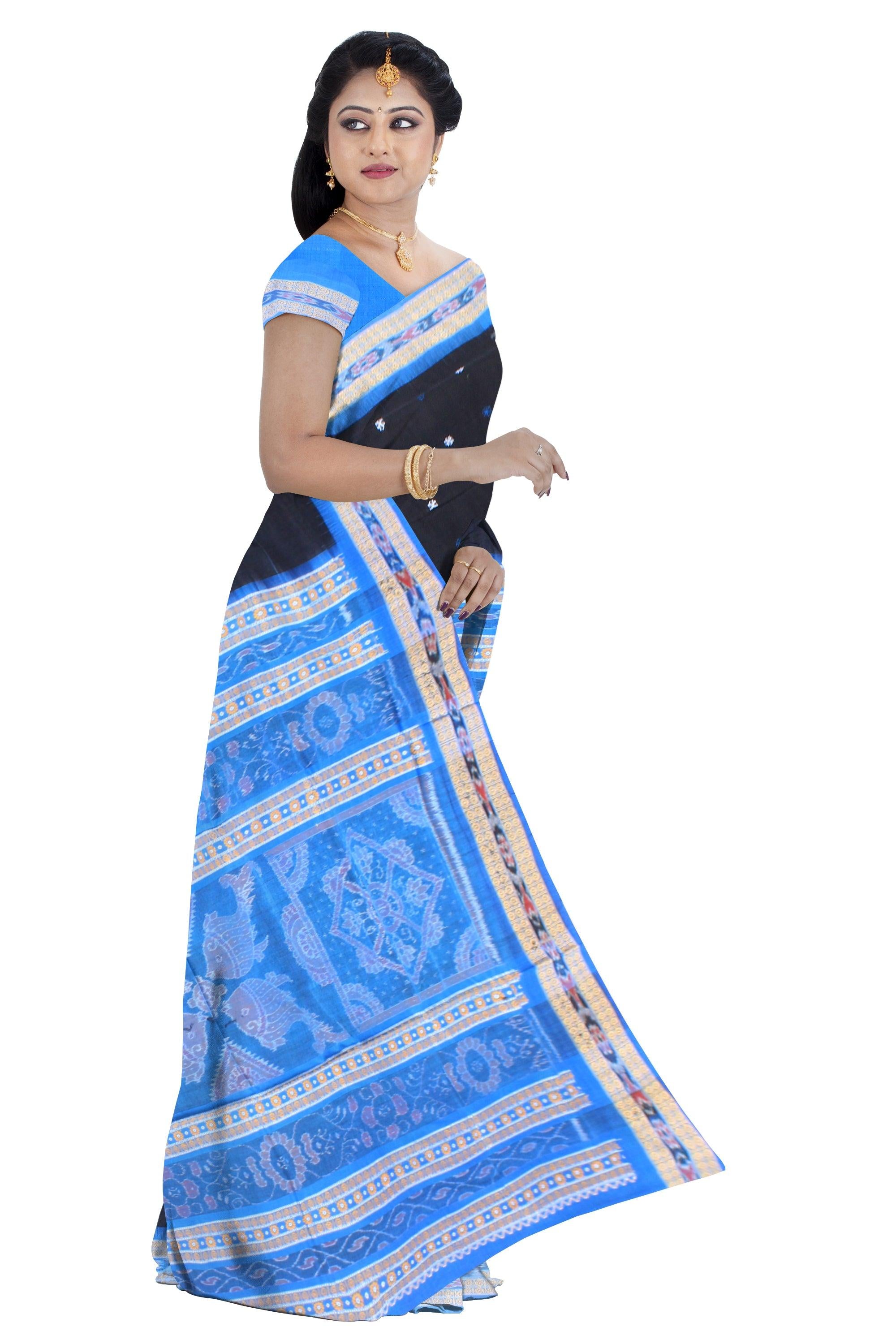 Black and sky color base sambalpuri pure cotton saree with blouse piece. - Koshali Arts & Crafts Enterprise