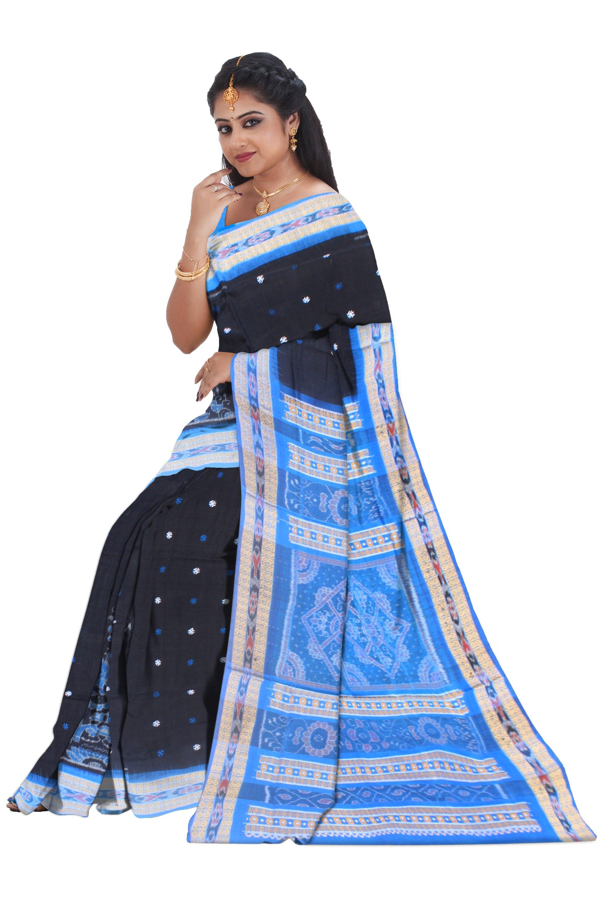 Black and sky color base sambalpuri pure cotton saree with blouse piece. - Koshali Arts & Crafts Enterprise