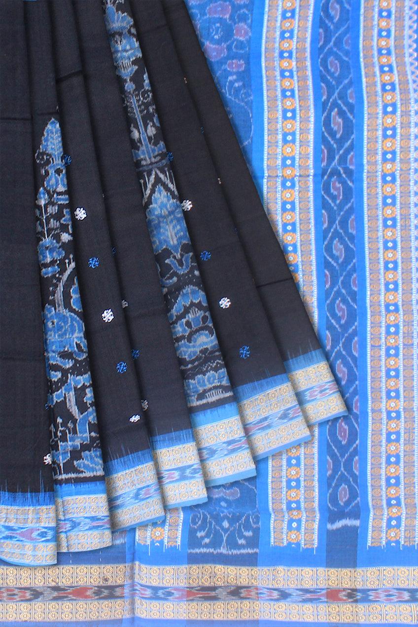 Black and sky color base sambalpuri pure cotton saree with blouse piece. - Koshali Arts & Crafts Enterprise