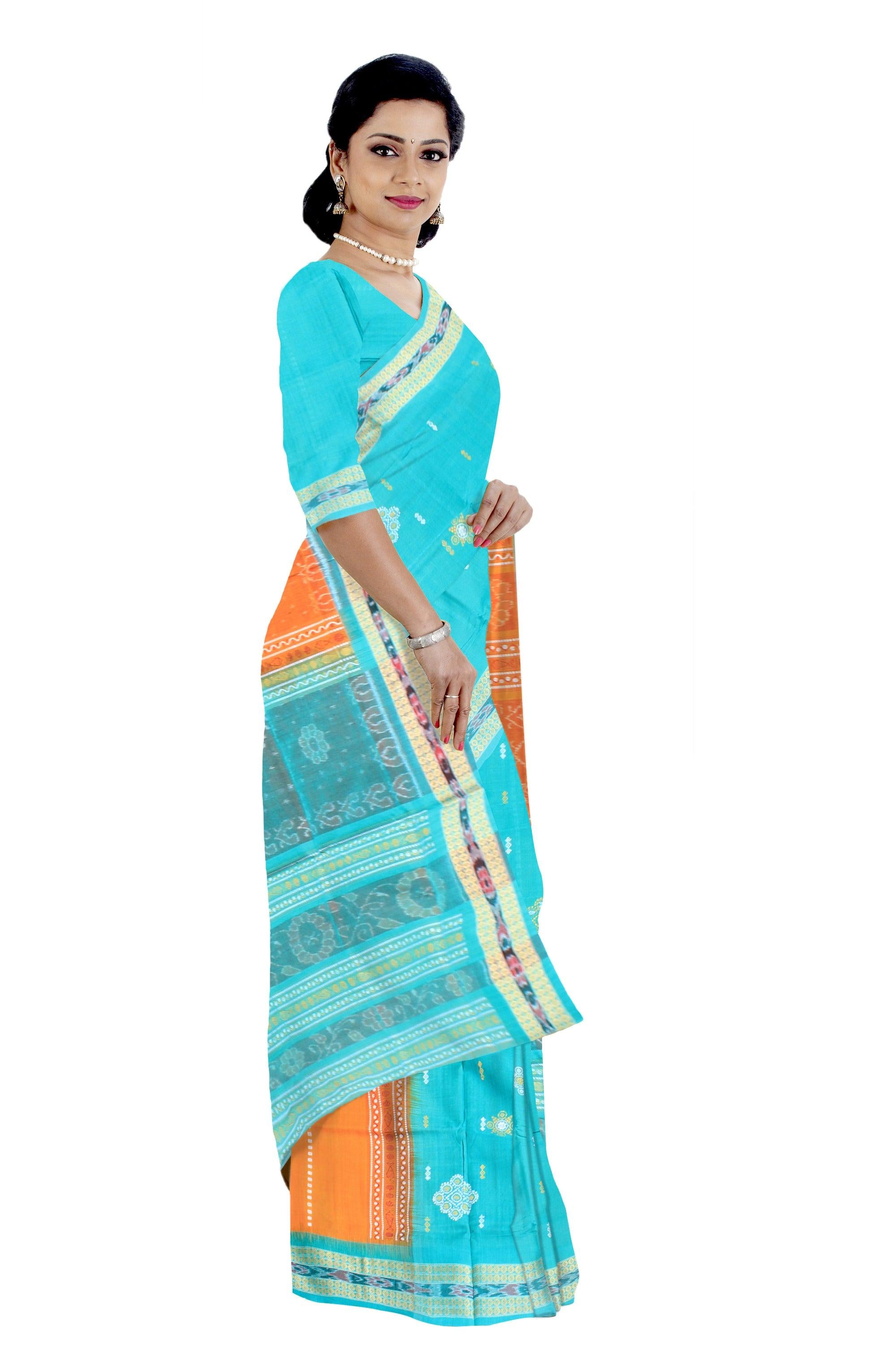 Mayuri print sambalpuri cotton  saree in aqua and yellow color , with blouse piece. - Koshali Arts & Crafts Enterprise