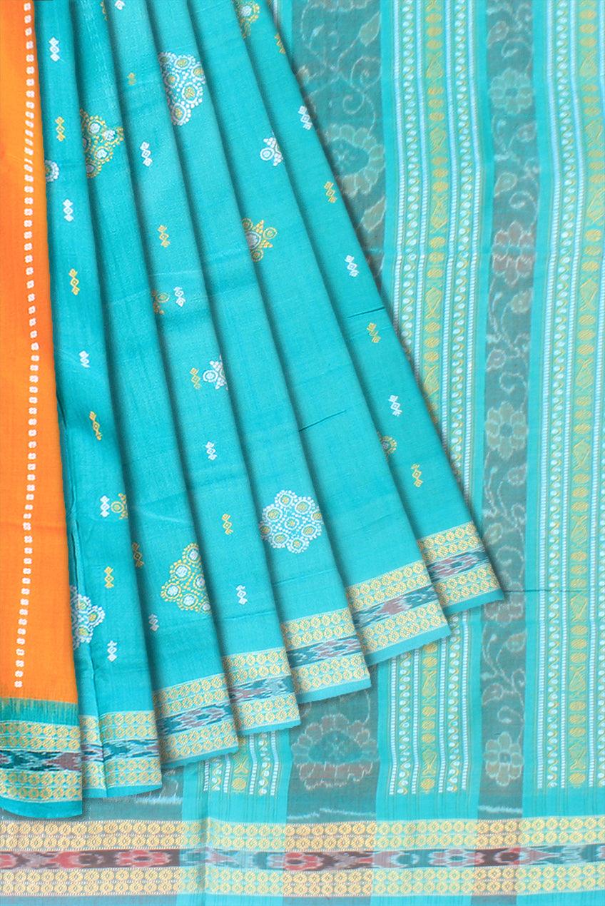 Mayuri print sambalpuri cotton  saree in aqua and yellow color , with blouse piece. - Koshali Arts & Crafts Enterprise