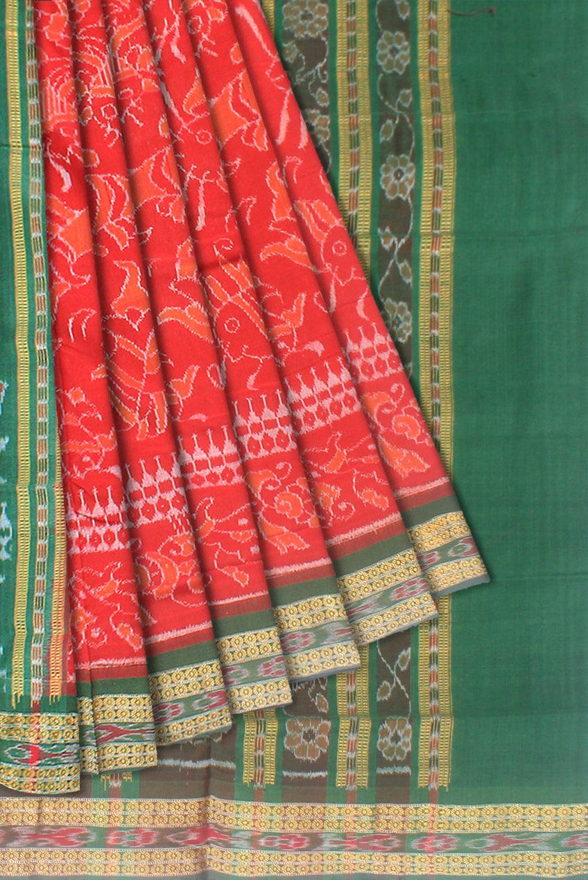 Fish pattern of sambalpuri cotton saree in  red and green color, with blouse piece. - Koshali Arts & Crafts Enterprise
