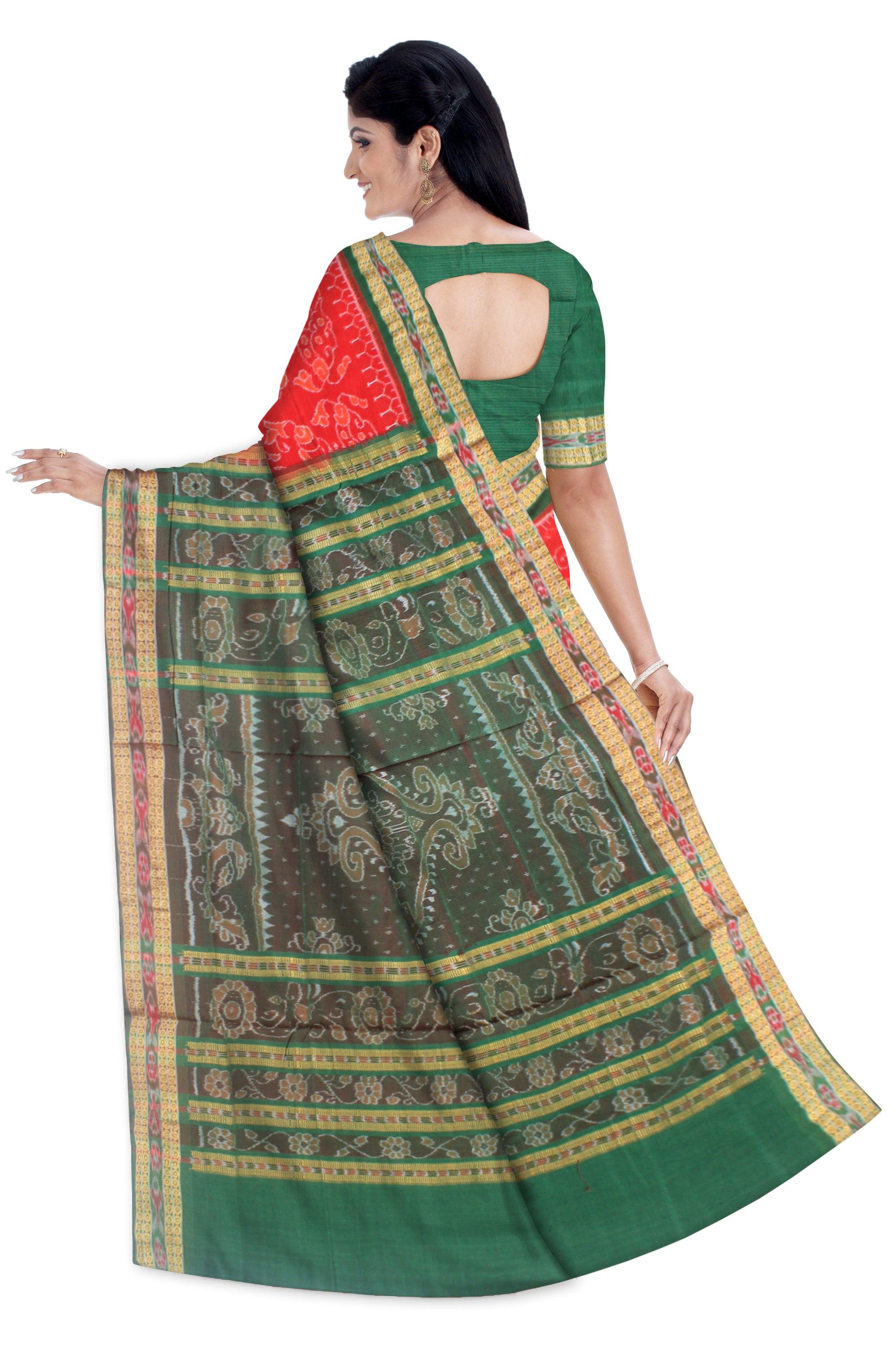 Fish pattern of sambalpuri cotton saree in  red and green color, with blouse piece. - Koshali Arts & Crafts Enterprise