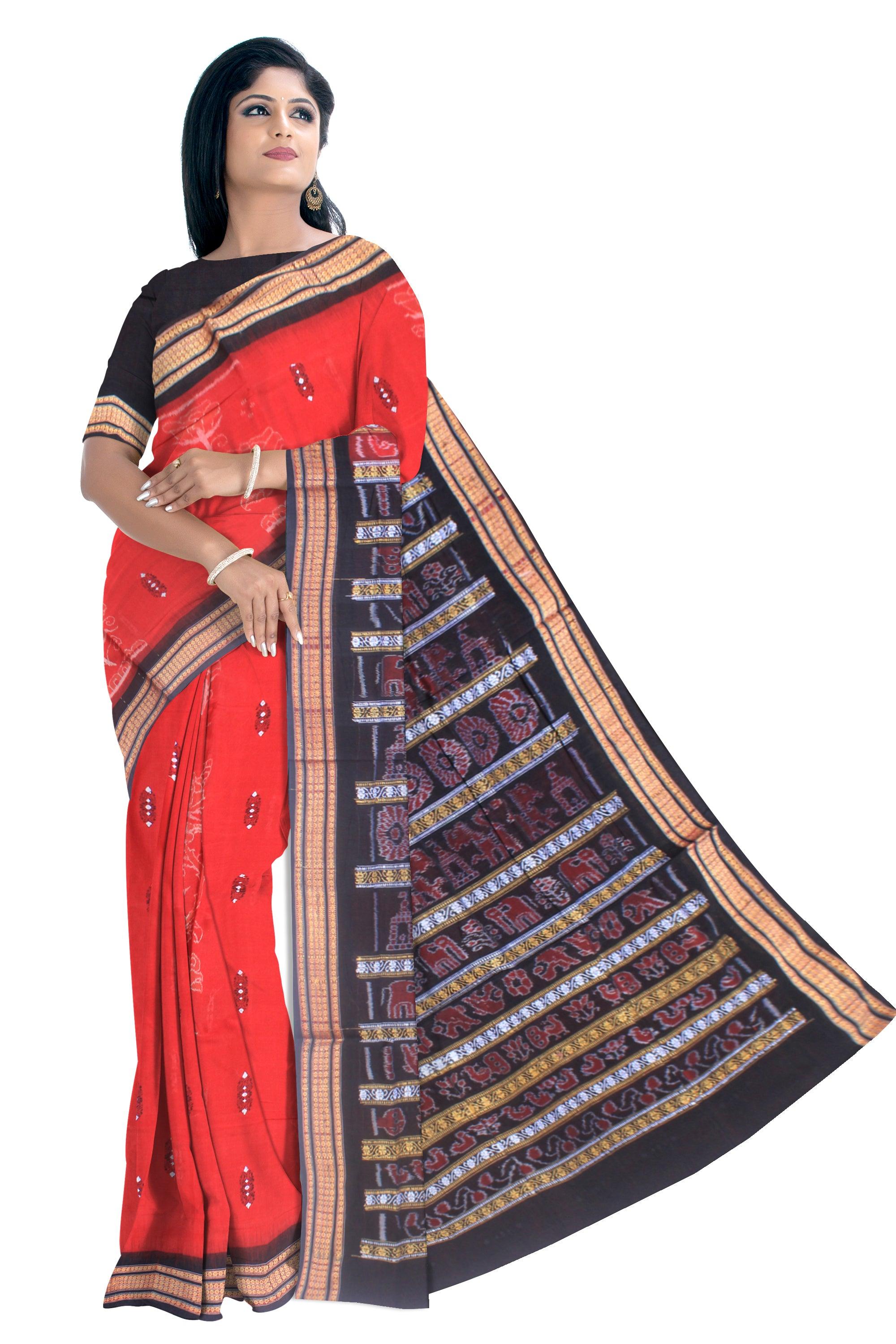 Latest design of bandha sambalpuri cotton saree in red and black color, with blouse piece. - Koshali Arts & Crafts Enterprise