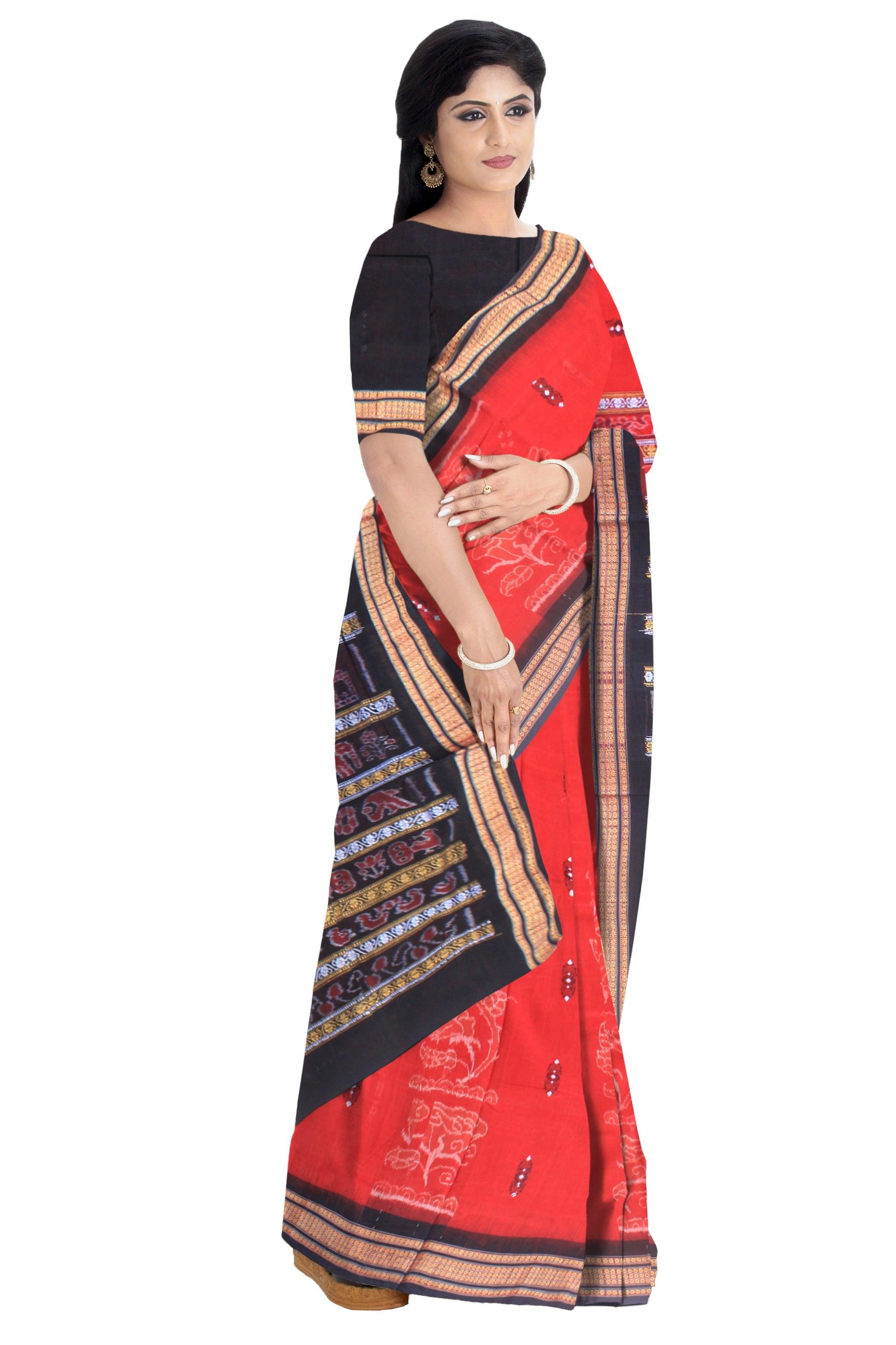 Latest design of bandha sambalpuri cotton saree in red and black color, with blouse piece. - Koshali Arts & Crafts Enterprise