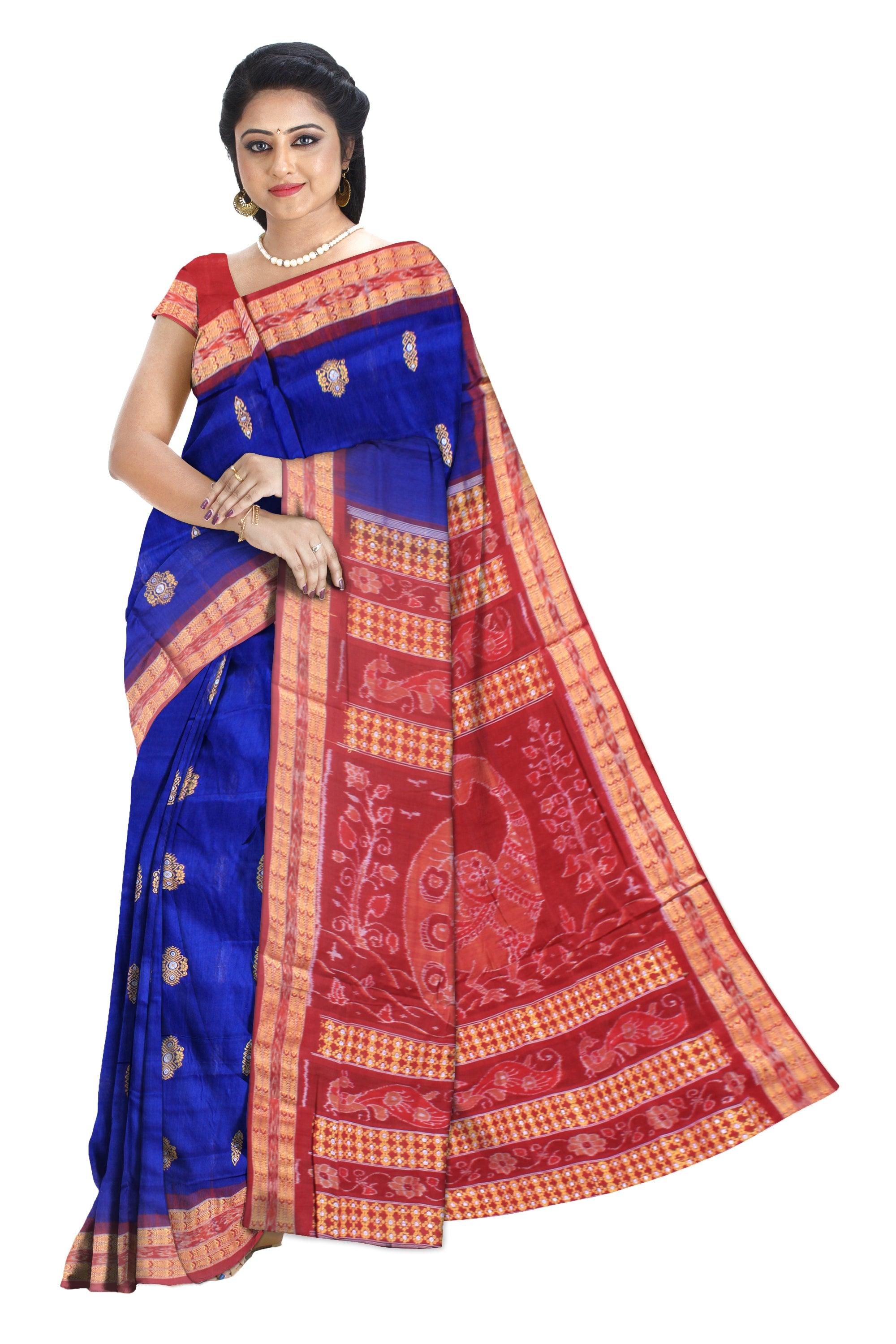 Bandha design of Samblpuri cotton  saree in blue and maroon color, with blouse piece. - Koshali Arts & Crafts Enterprise