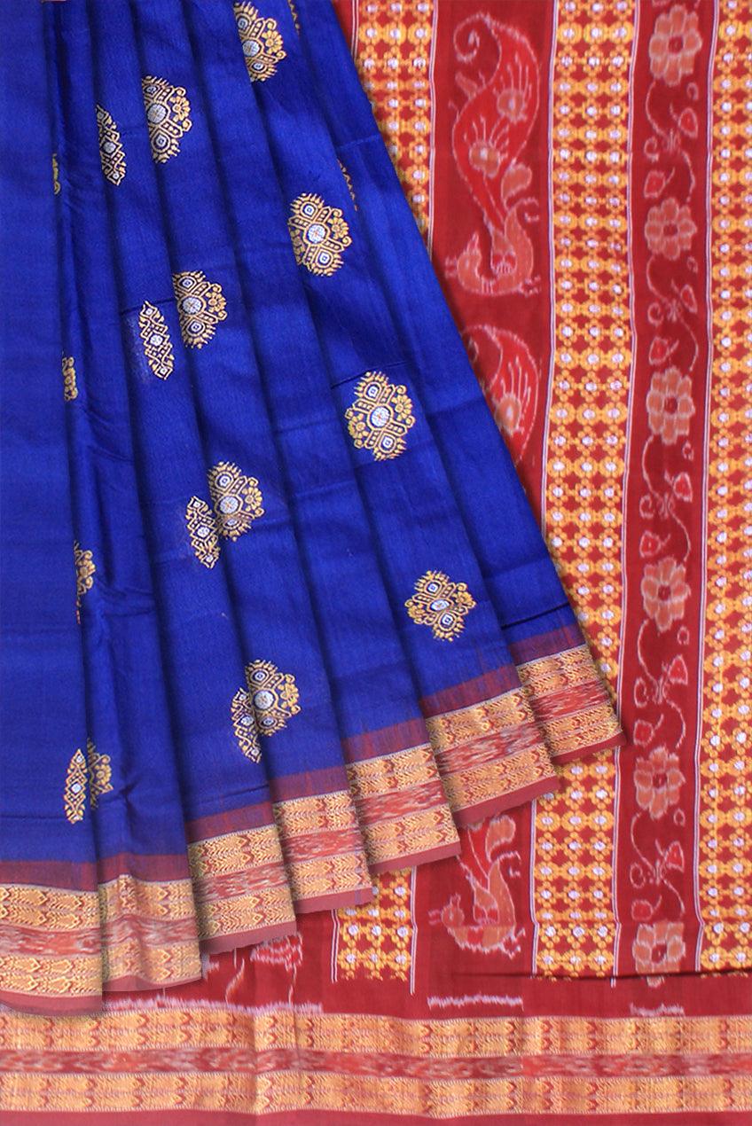 Bandha design of Samblpuri cotton  saree in blue and maroon color, with blouse piece. - Koshali Arts & Crafts Enterprise