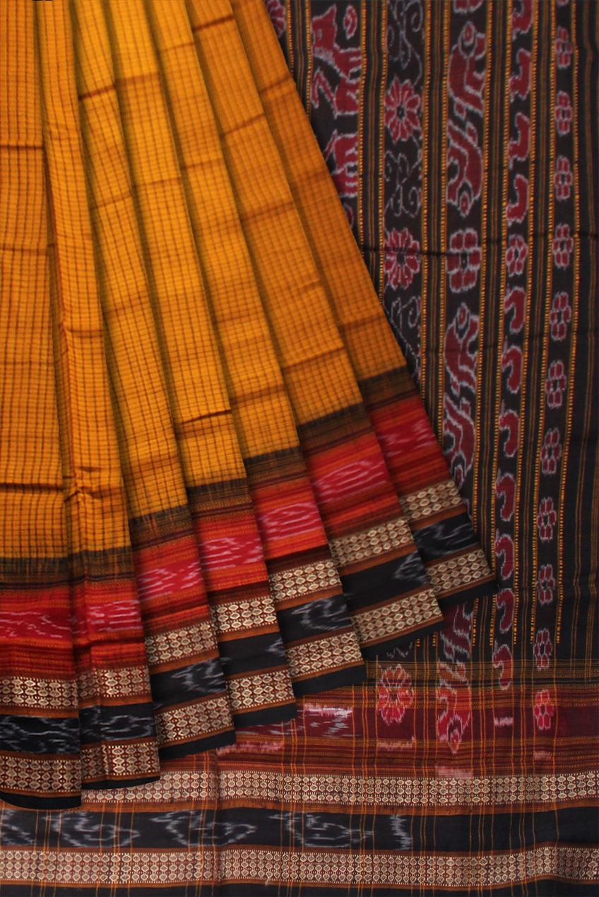 YELLOW, RED AND BLACK COLOR MIX SACHIPURI SAREE , WITH OUT BLOUSE PIECE. - Koshali Arts & Crafts Enterprise