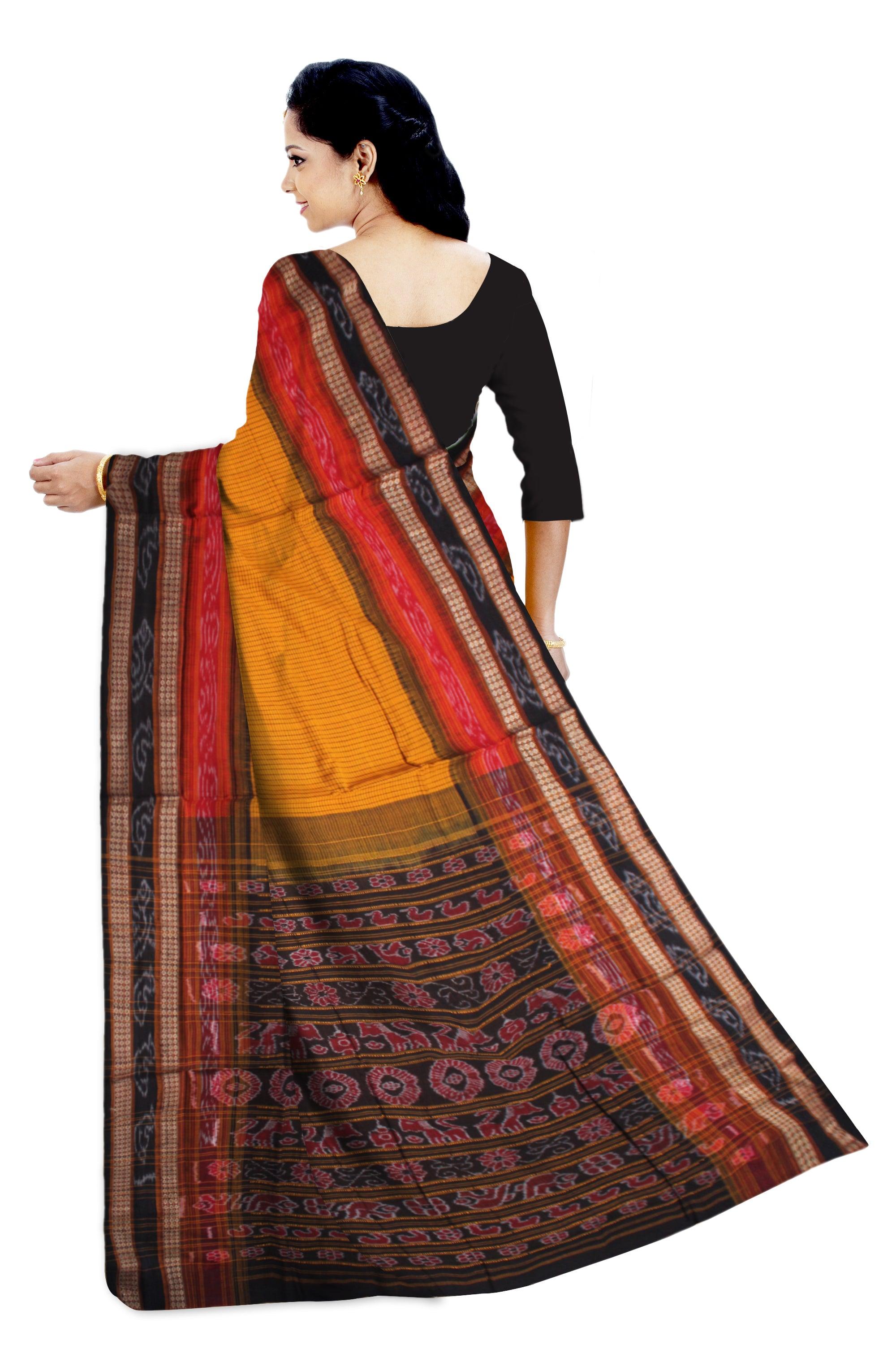 YELLOW, RED AND BLACK COLOR MIX SACHIPURI SAREE , WITH OUT BLOUSE PIECE. - Koshali Arts & Crafts Enterprise