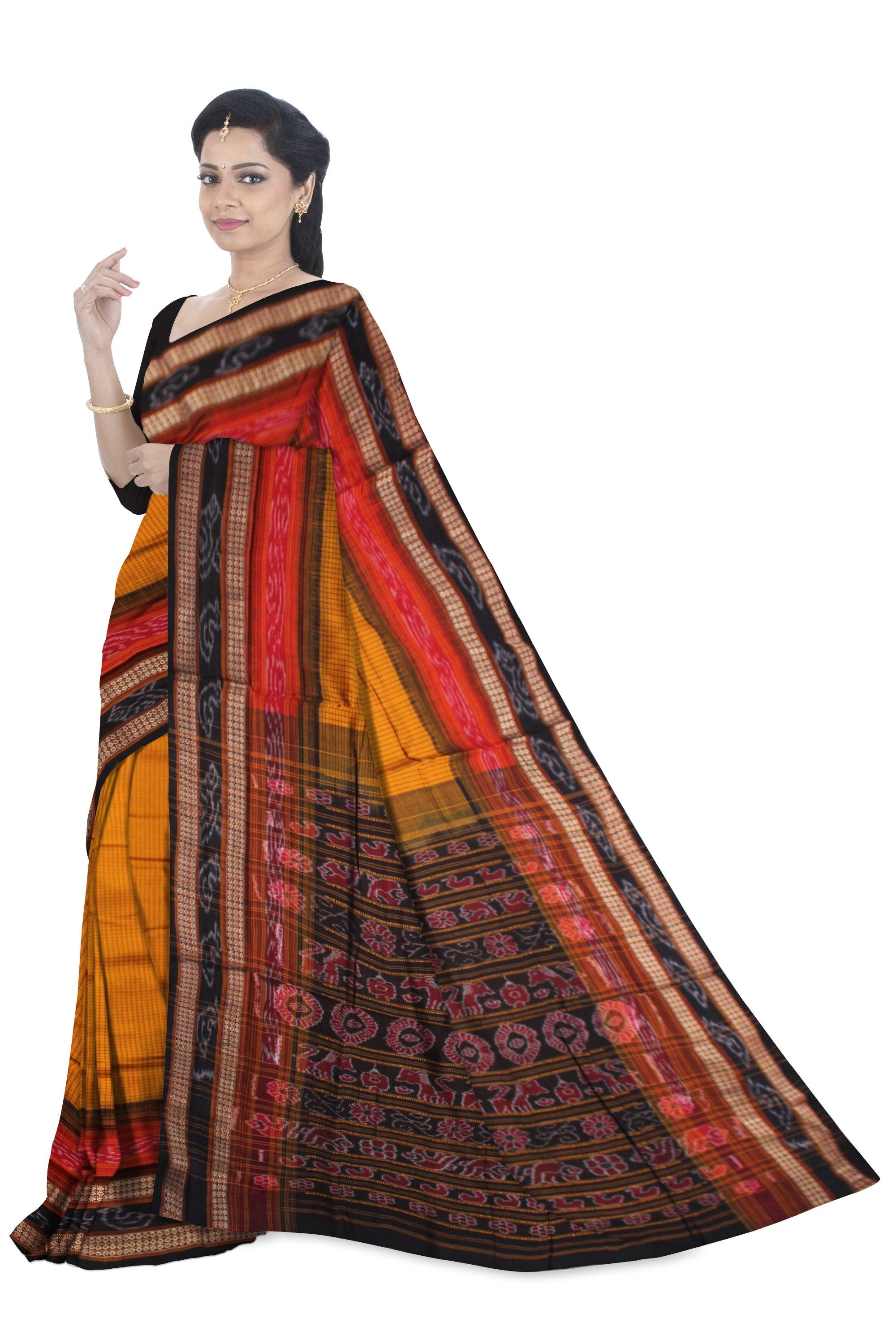 YELLOW, RED AND BLACK COLOR MIX SACHIPURI SAREE , WITH OUT BLOUSE PIECE. - Koshali Arts & Crafts Enterprise
