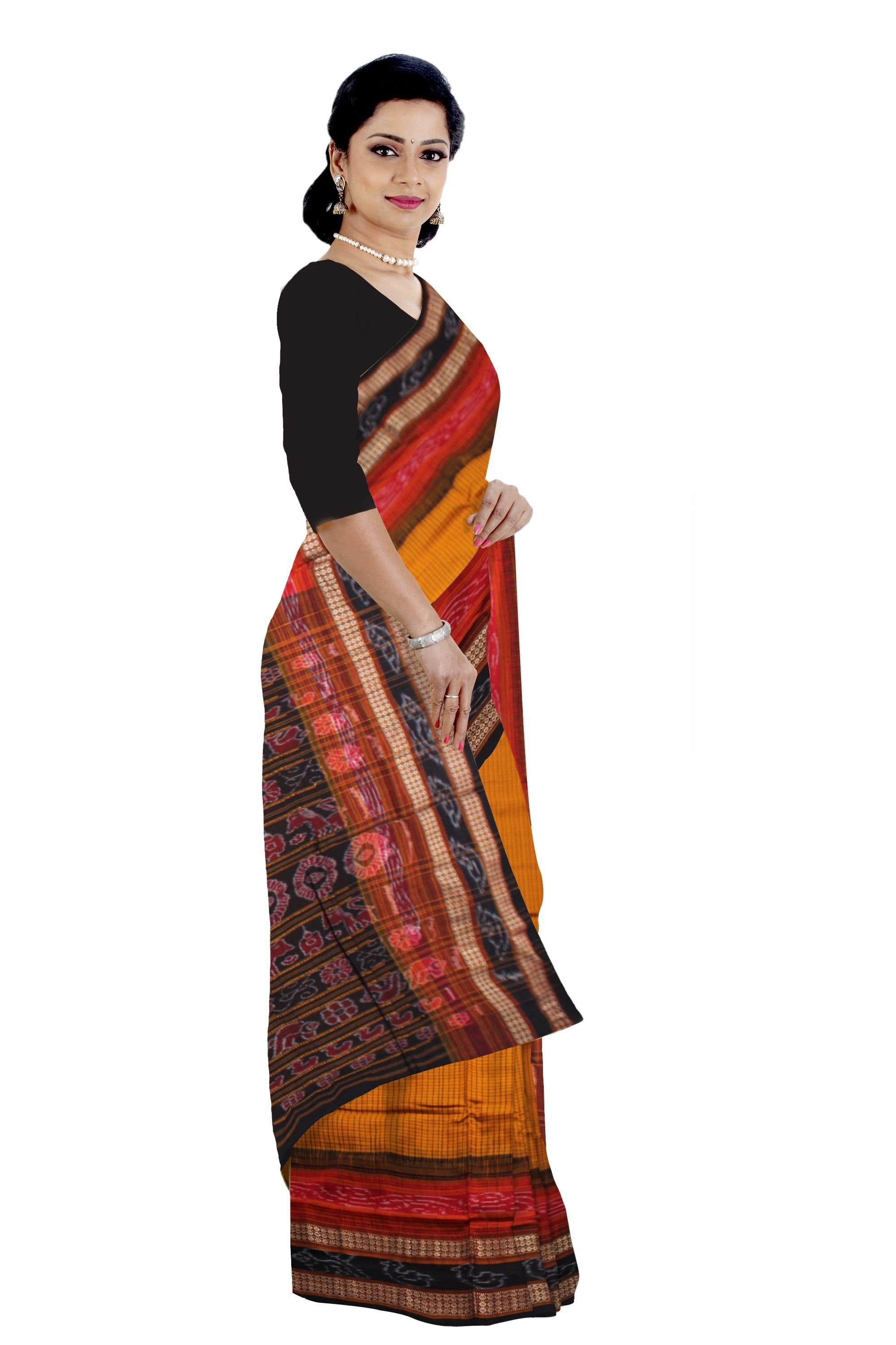 YELLOW, RED AND BLACK COLOR MIX SACHIPURI SAREE , WITH OUT BLOUSE PIECE. - Koshali Arts & Crafts Enterprise
