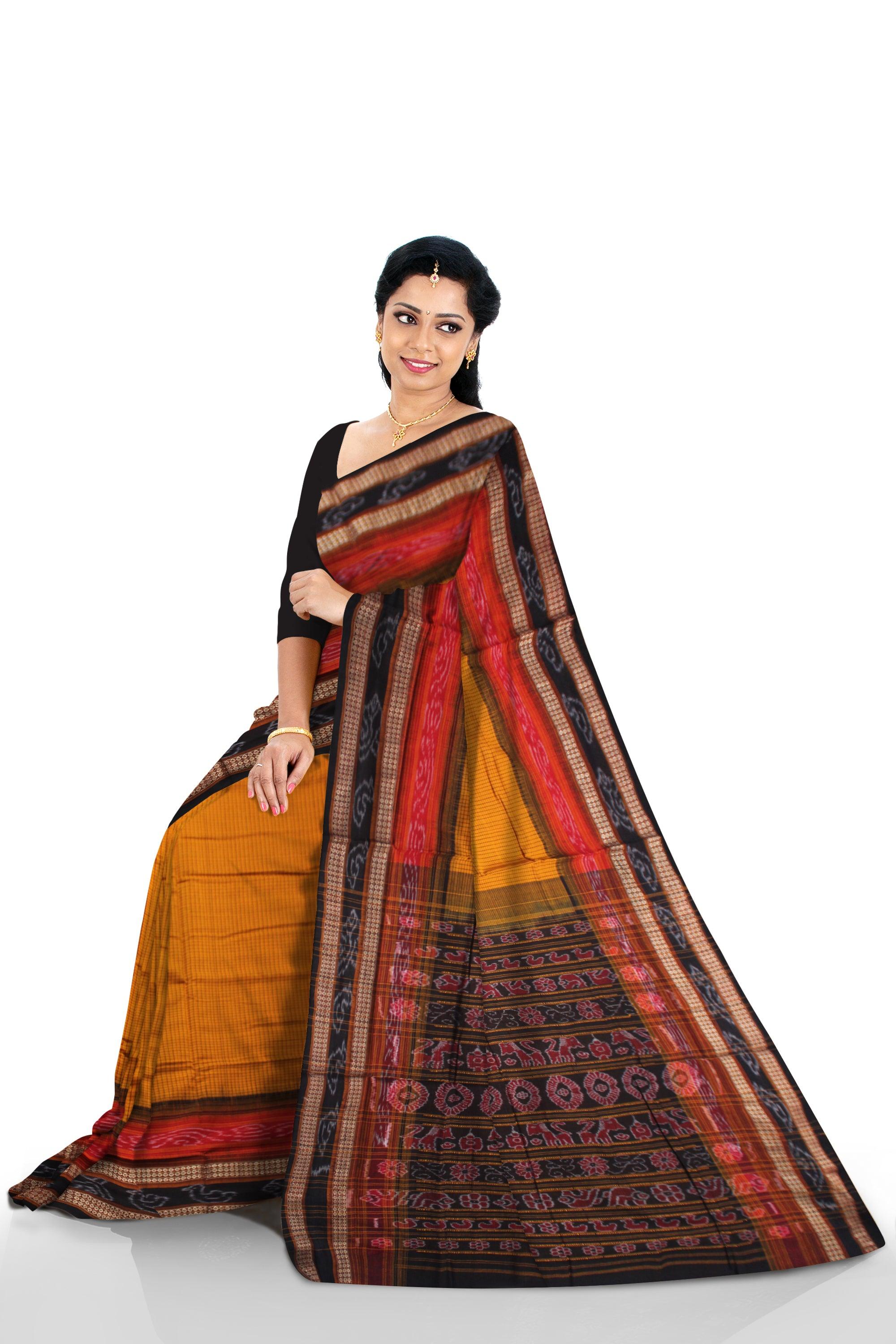 YELLOW, RED AND BLACK COLOR MIX SACHIPURI SAREE , WITH OUT BLOUSE PIECE. - Koshali Arts & Crafts Enterprise