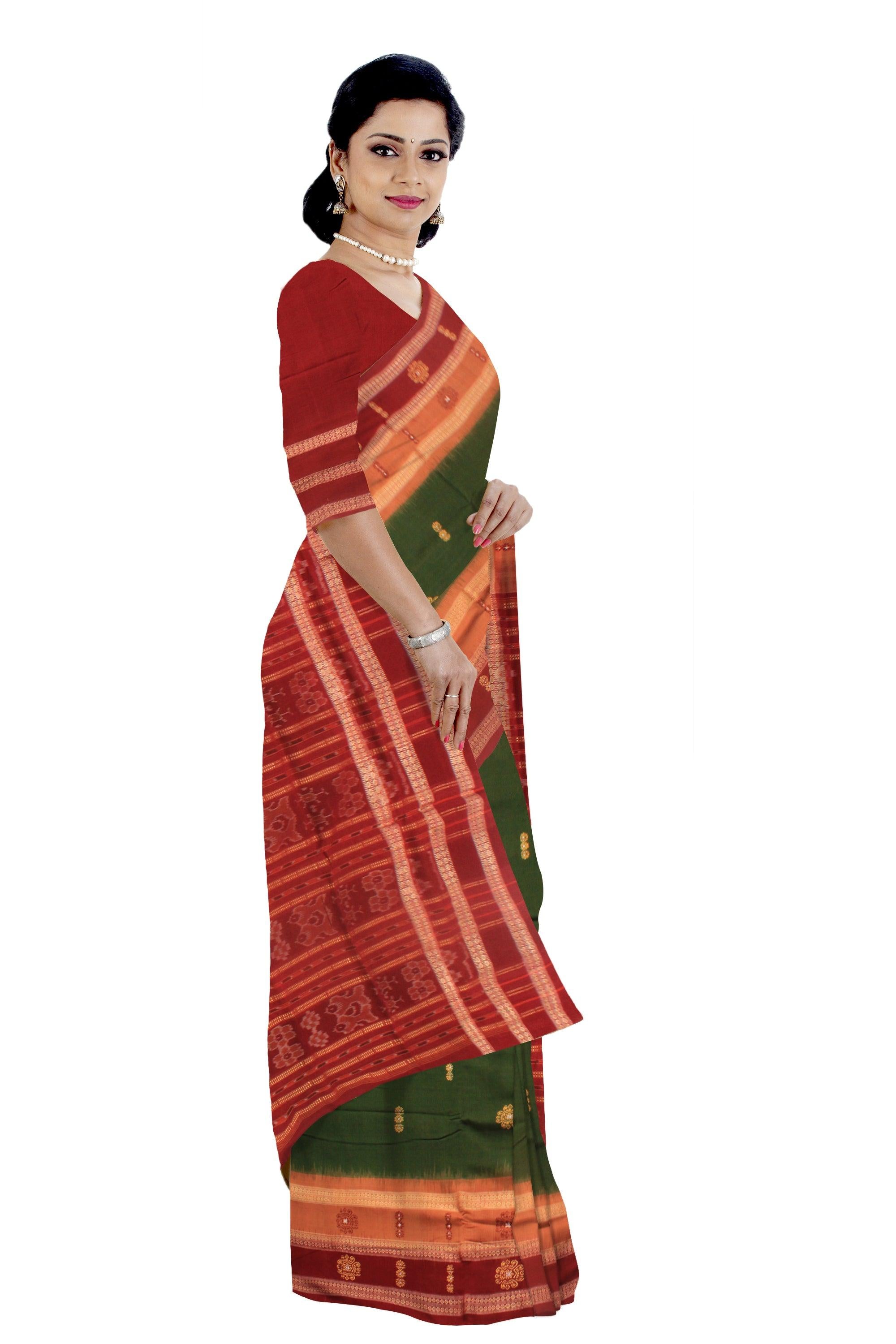 MEHENDI AND MAROON COLOR BANDHA DESIGN COTTON SAREE, WITH BLOUSE PIECE. - Koshali Arts & Crafts Enterprise